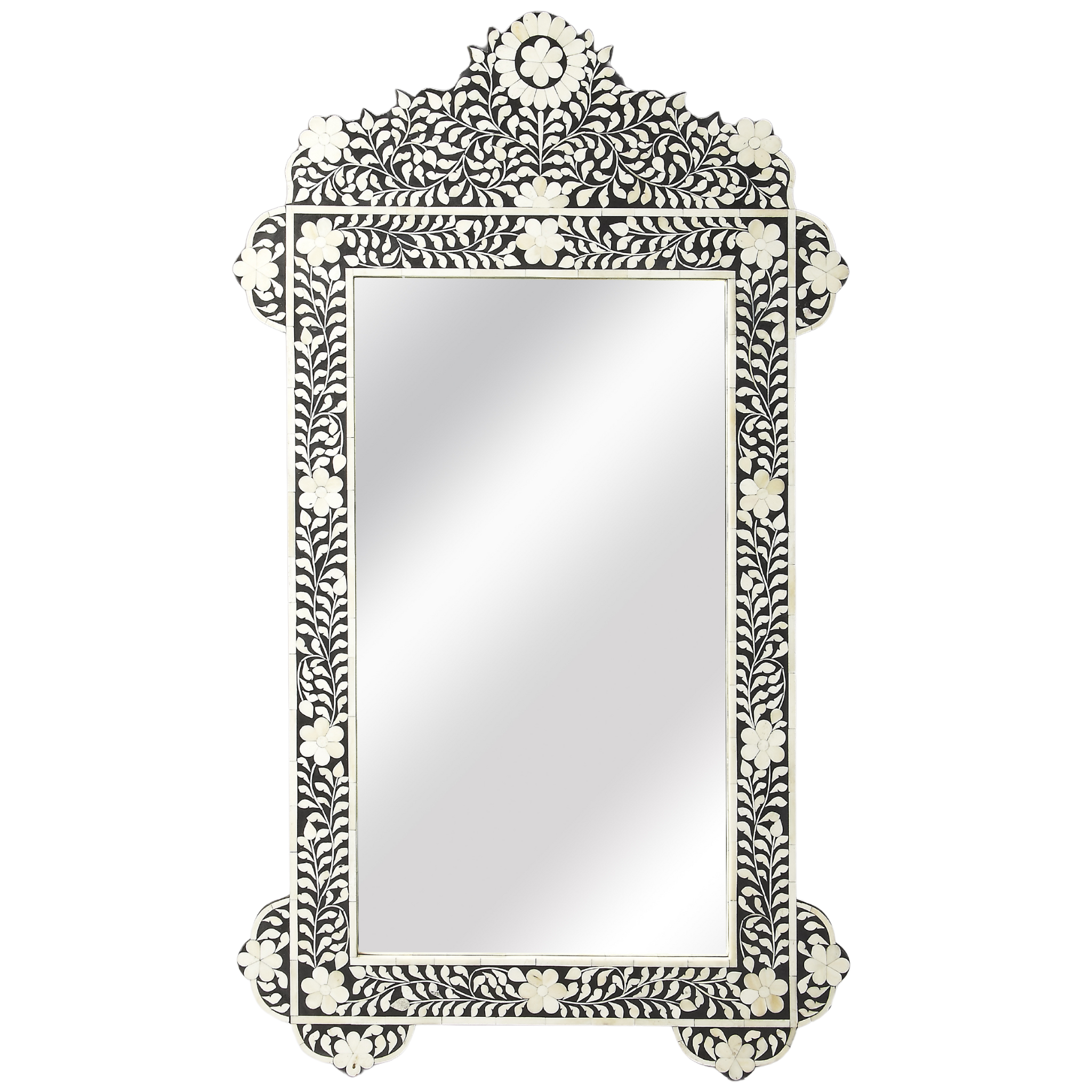 Exquisite Black and White Bone Inlay Mosaic Floral Wall Mirror - Handcrafted Bohemian Decor for Living Room, Bedroom, or Entryway