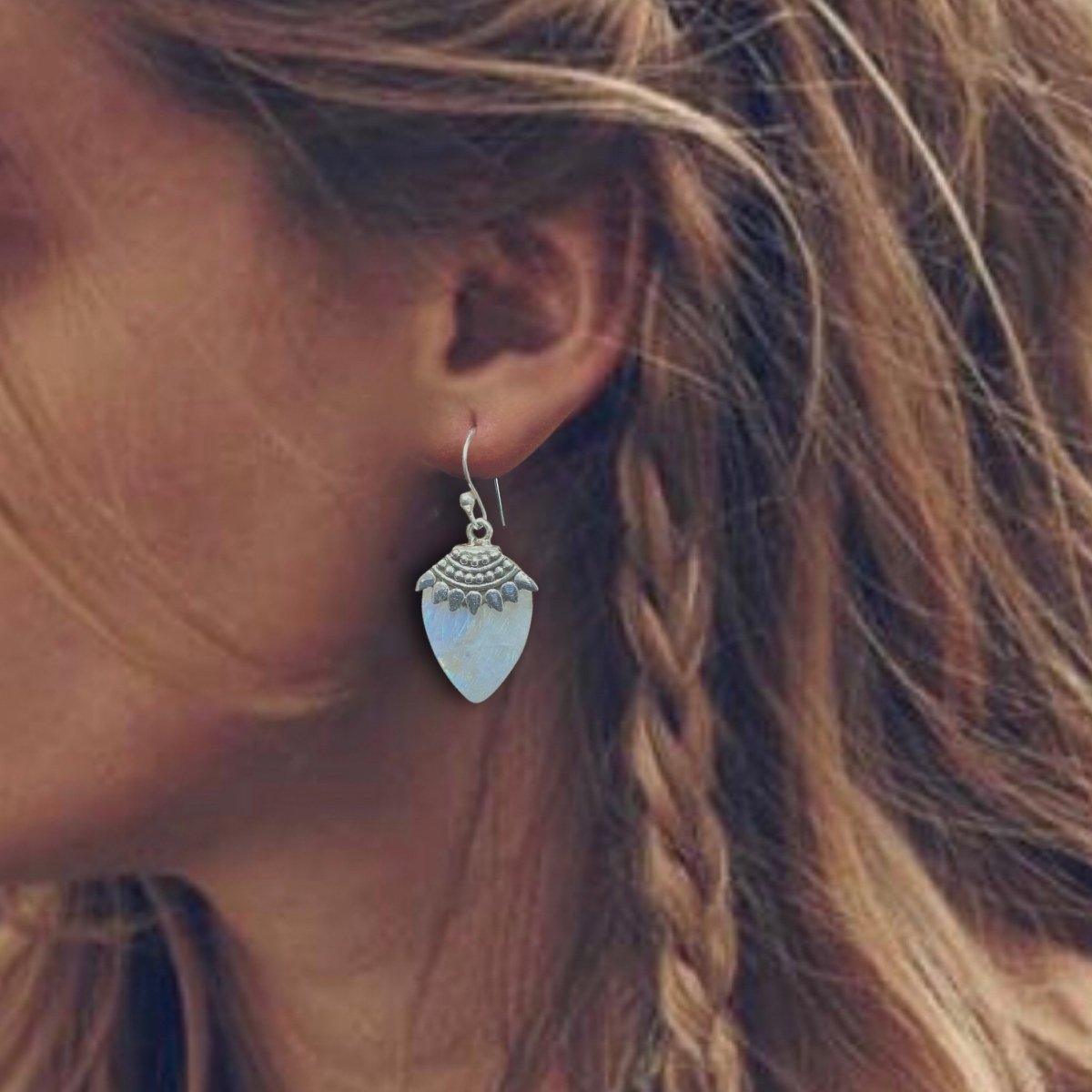 Boho Moonstone Earrings for Women – Handmade Sterling Silver Dangle Earrings – Elegant Boho Chic Jewelry for Everyday Wear & Special Occasions