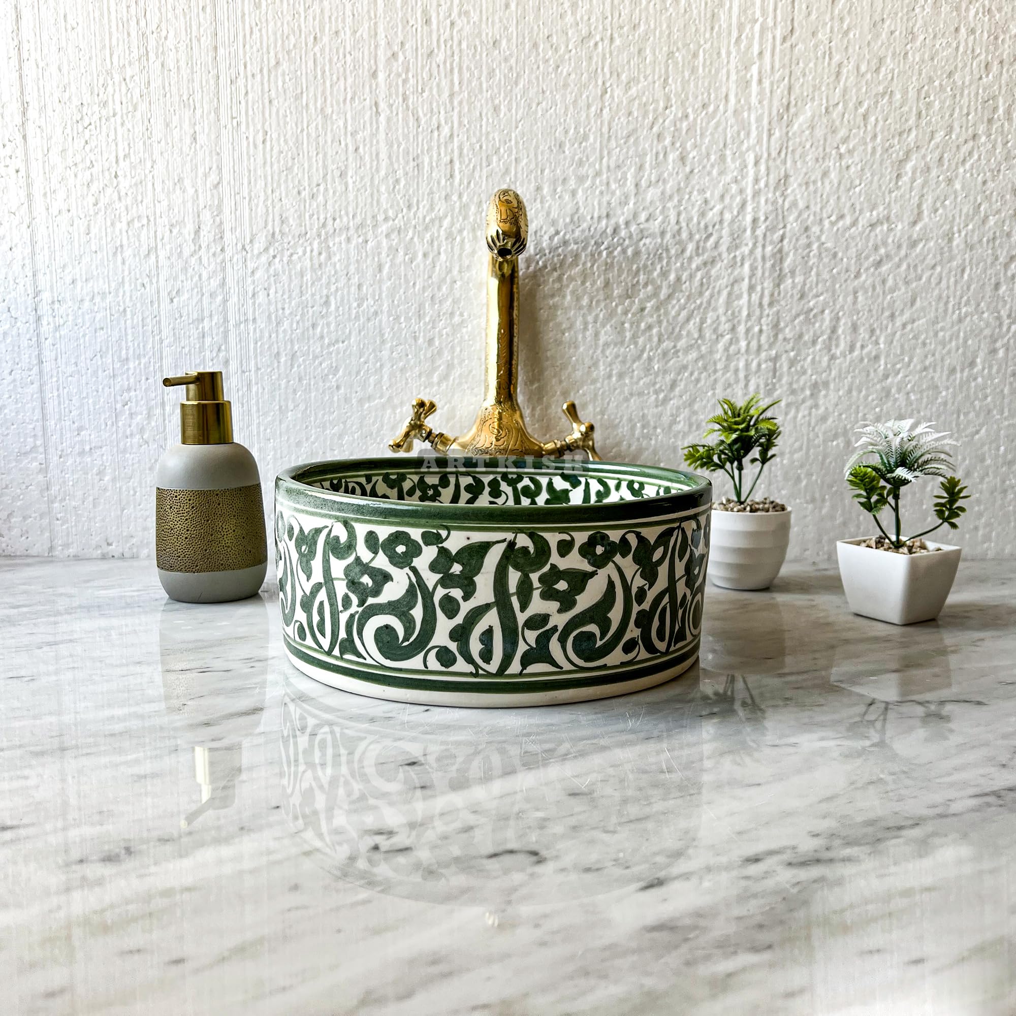Handmade Ceramic Vessel Sink - 10 Inch Round Undermount Bathroom Sink with Moroccan Hand-Painted Design, Black Countertop Vanity Basin for Modern & Rustic Bathrooms, Salon Spa Washbasin