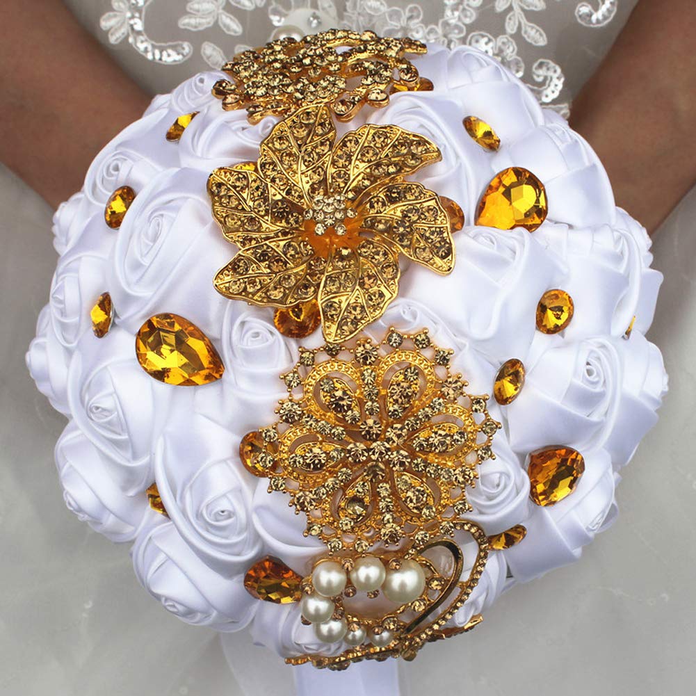 Romantic Wedding Bride Holding Rose Bouquet with Crystal Diamonds & Ribbons - White Simulated Church Flower Decoration for Wedding Ceremony, Bridal Shower, Church Altar Decor, and Reception Centerpieces