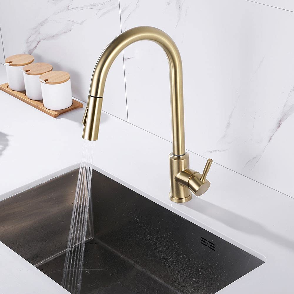 Brushed Gold Touch Kitchen Faucet - Stainless Steel Pull Down Sprayer Single Handle Sink Faucet for Modern Home Kitchen Renovation & Dishwashing Convenience