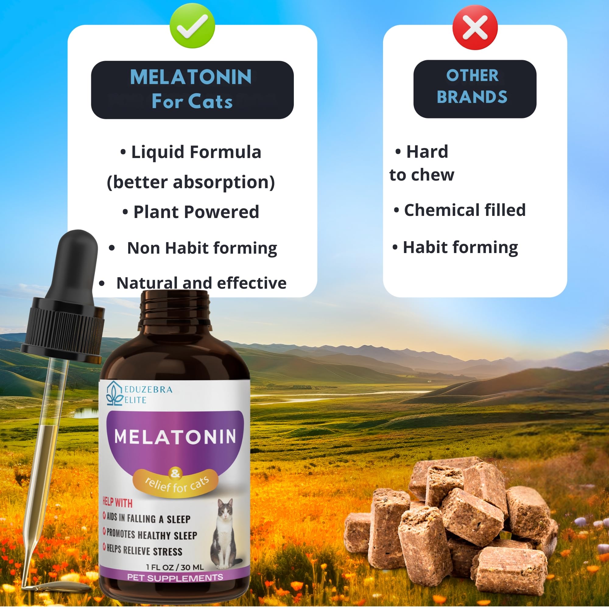 Natural Melatonin for Cats - Calming Cat Treats for Anxiety Relief & Sleep Aid | Supports Restful Sleep During Grooming, Travel & Vet Visits