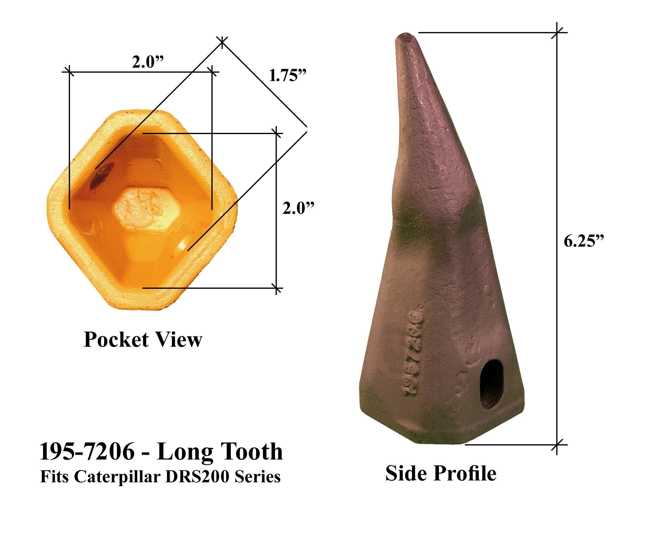 CAT DRS200 Series Backhoe Bucket Tooth 195-7206 - Long Tip Replacement for DRS200 Bucket Adapters & Shanks (6-Pack) | Heavy-Duty Excavator Attachment for Construction, Digging & Landscaping