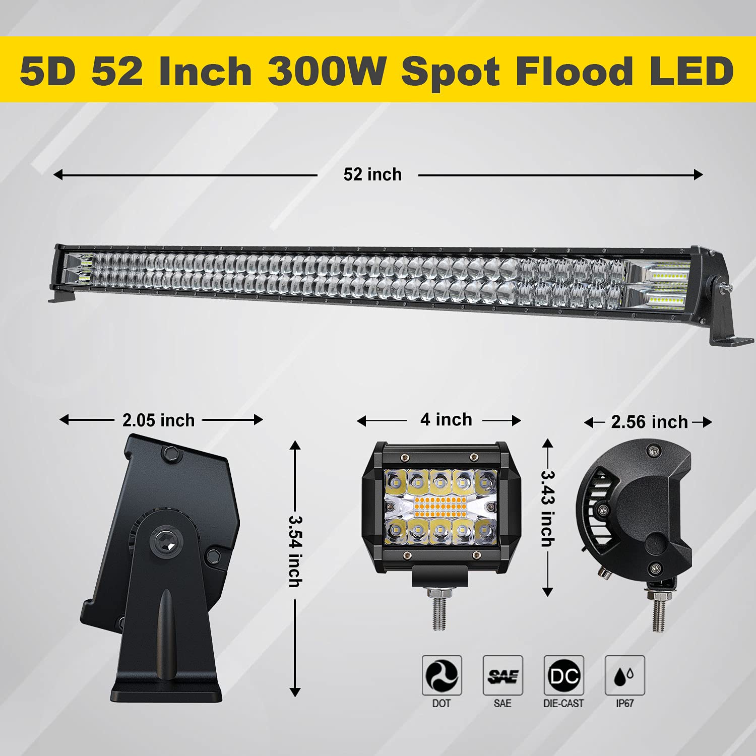5D 52-Inch LED Light Bar with 4-Inch White/Amber LED Pods - Strobe Fog Light, Spot & Flood Combo for Off-Road - Universal Windshield Mount & Wiring Harness - Fits 1987-1995 Jeep Wrangler YJ - Perfect for Night Driving, Off-Roading & Emergency Vehicles