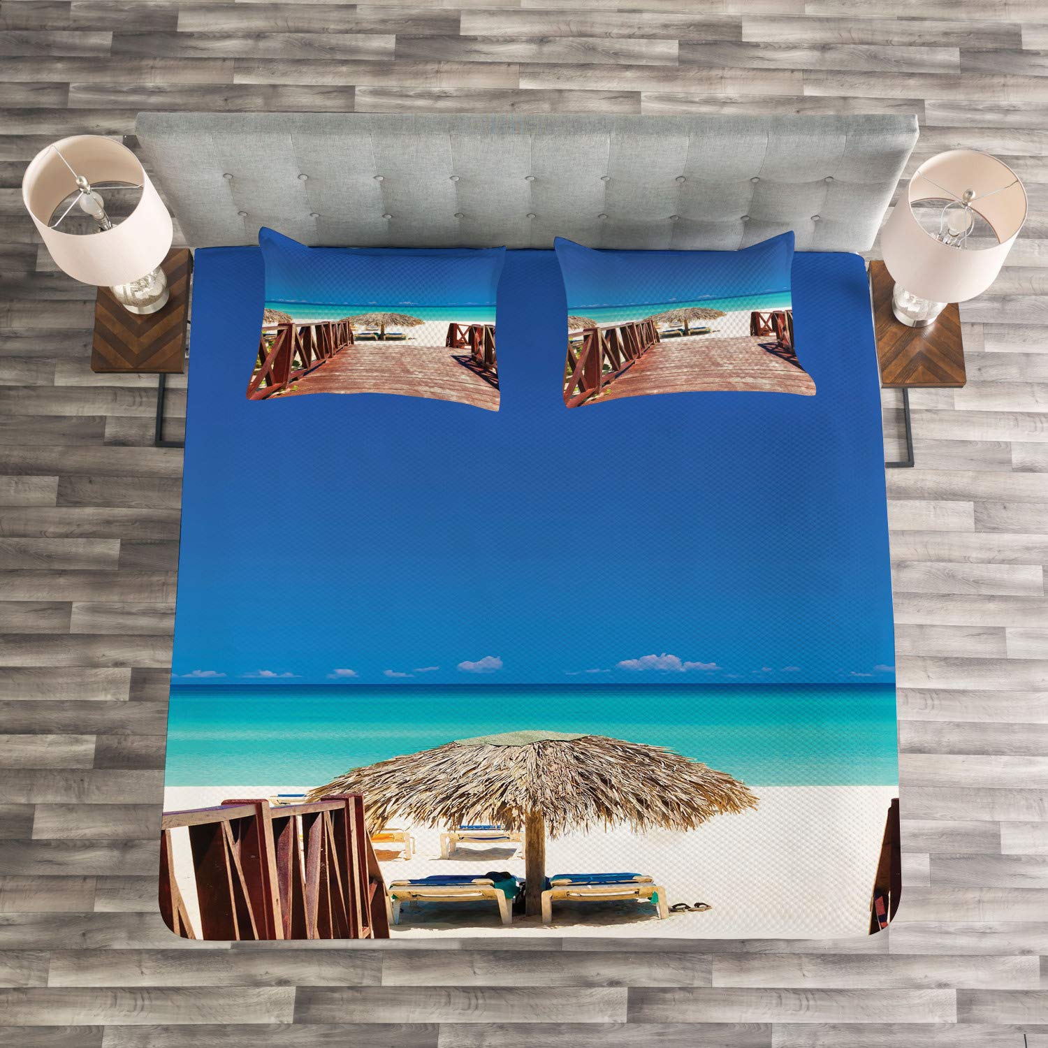 Ambesonne Beach Bedspread Set - King Size 3-Piece Coastal Bedding with 2 Pillow Shams | Tropical Cuba Summer Design in Chocolate Navy Turquoise | Perfect for Beach House Decor, Vacation Rental Bedrooms & Coastal Themed Master Suites
