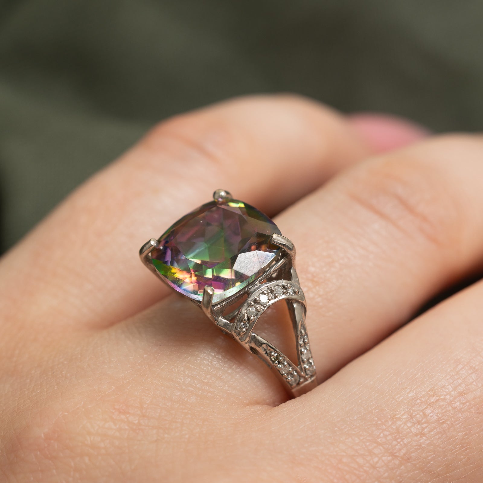 Stunning 9.00ct Cushion Cut Mystic Topaz & 0.10ctw Diamond Cocktail Ring - Size 7.25 | Elegant Evening Wear, Anniversary Gift, Special Occasion Jewelry