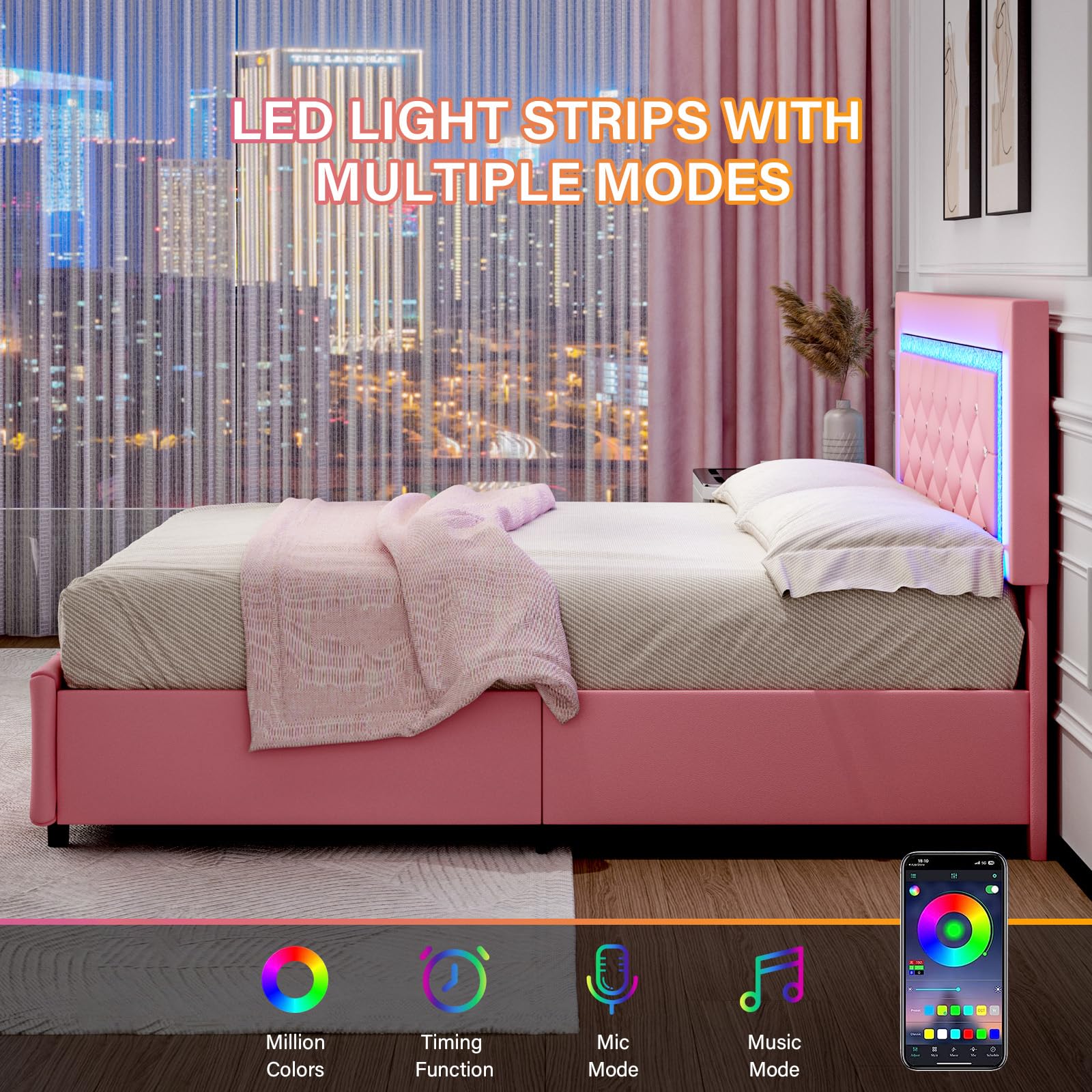 LED Twin Bed Frame with Storage Drawers & Diamond Headboard - Upholstered Faux Leather Princess Platform Bed, No Box Spring Needed, Easy Assembly (Pink) - Perfect for Kids' Rooms, Teen Bedrooms & Small Space Living