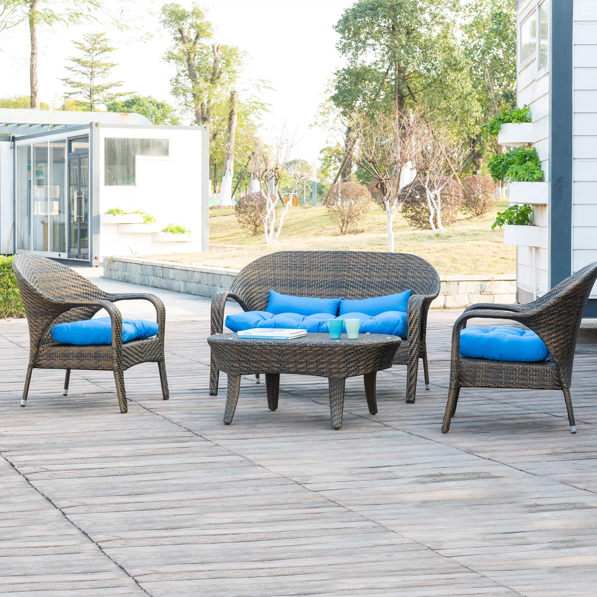 QILLOWAY Outdoor Patio Wicker Seat Cushion Set - 5 Piece Loveseat Cushions with U-Shape & Lumbar Pillows for Patio Furniture, Wicker Sofa, Bench, Porch, Settee - Waterproof & UV Resistant - Peacock Blue - Perfect for Backyard, Garden & Poolside Relaxation