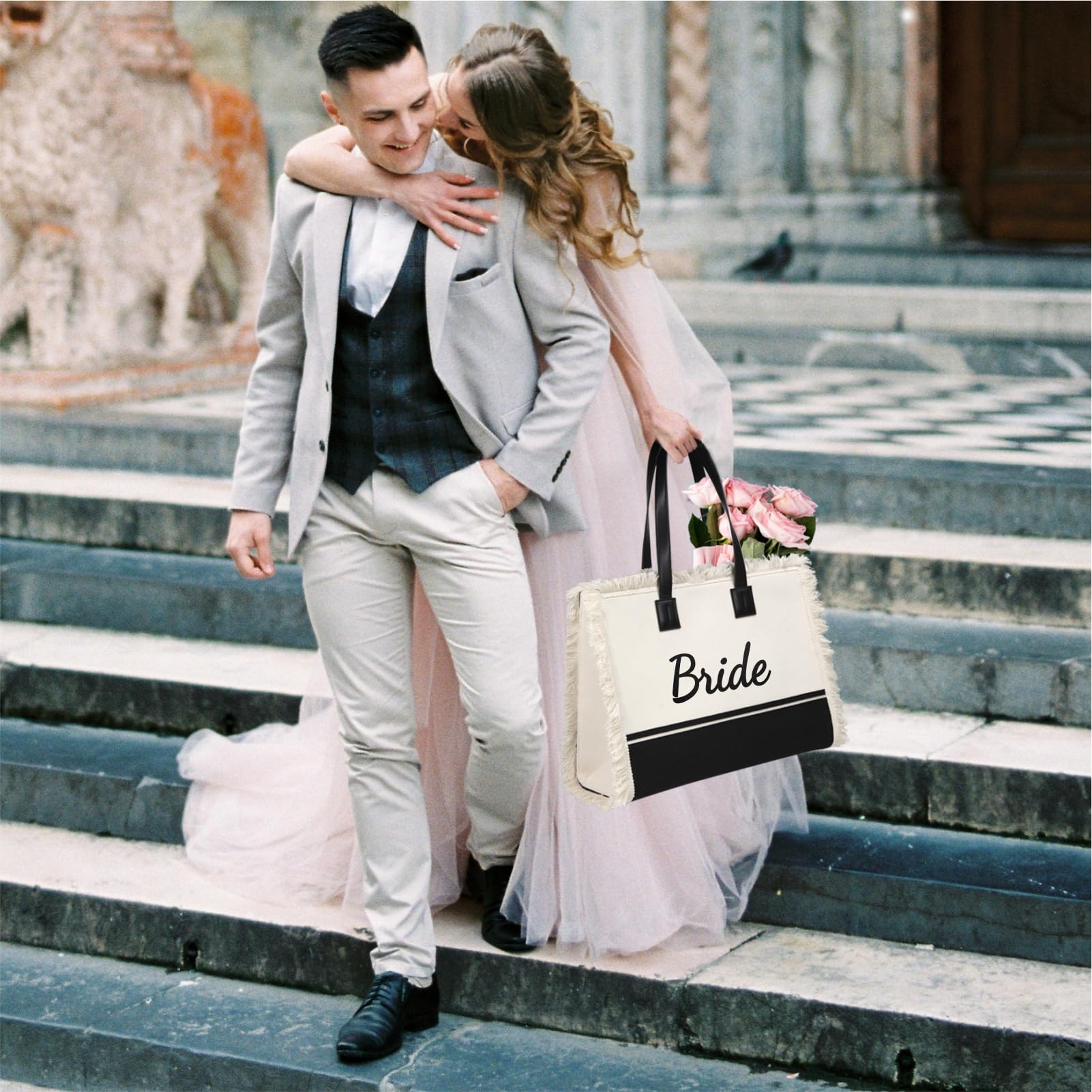 Personalized Bride Canvas Tote Bag - Wedding Gift for Bridal Shower, Bachelorette Party & Honeymoon - Custom Bridal Accessories for Newlyweds - Perfect for Travel, Beach & Wedding Essentials