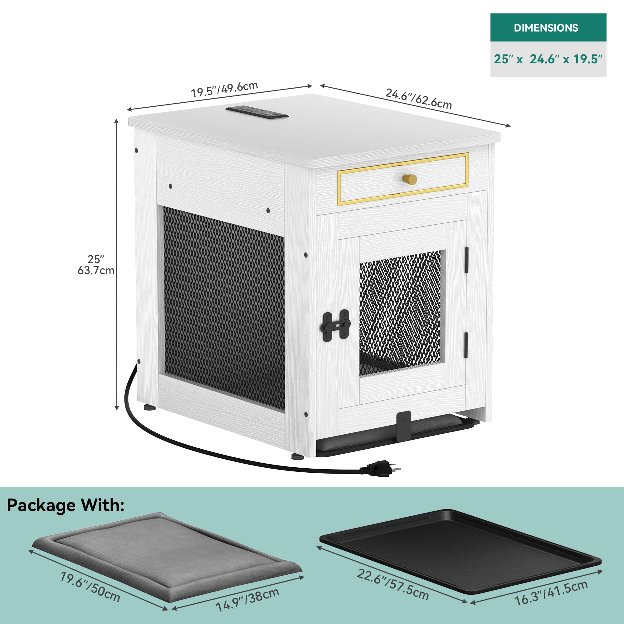 YITAHOME Wooden Dog Crate Furniture - Indoor Pet Kennel with Cushion Tray & Drawer for Small Dogs Under 25 lbs, White End Table with Dual USB Charger - Perfect for Living Room, Bedroom & Home Office Pet Space
