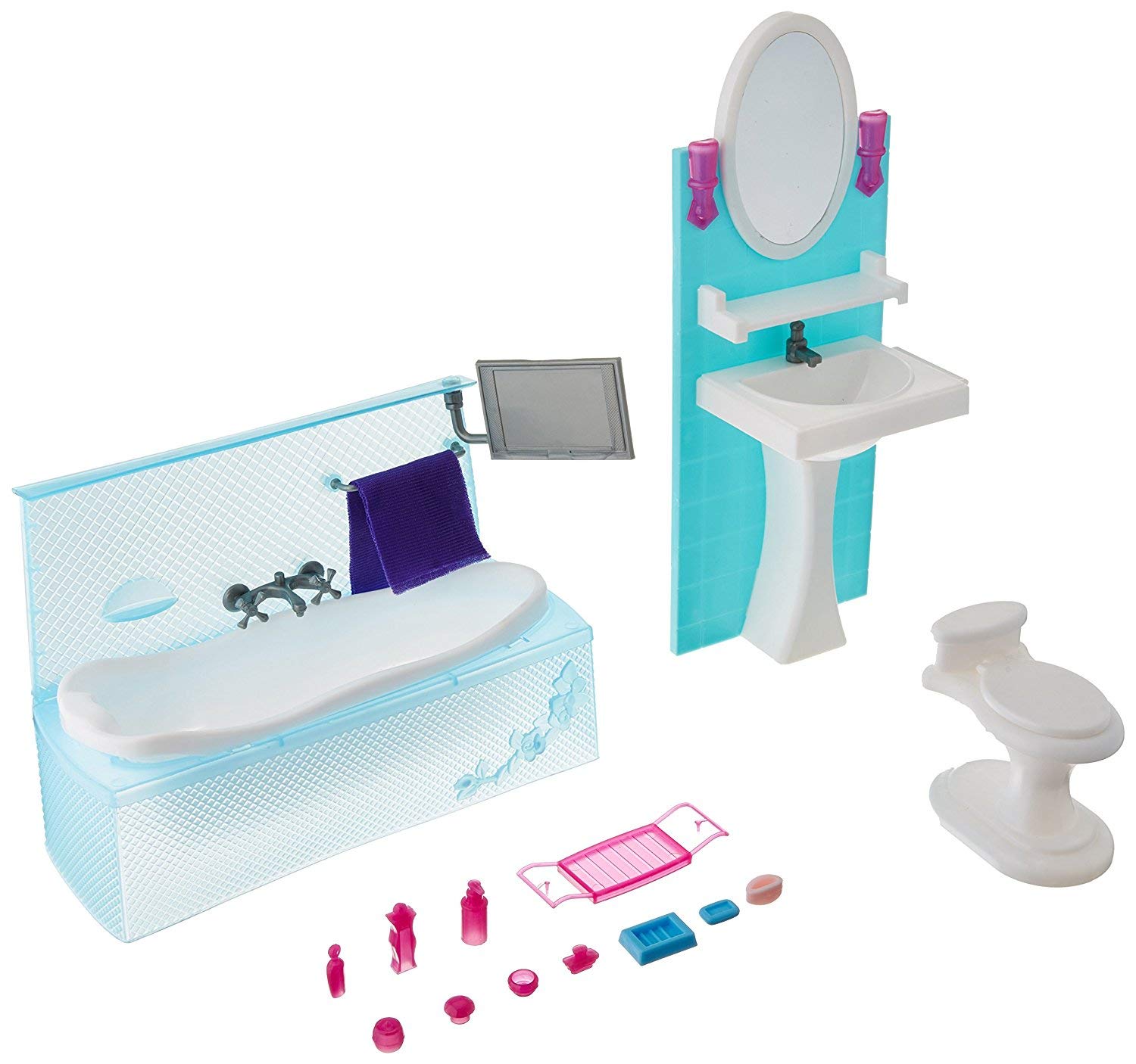 Miniature Dollhouse Bathroom Set - Turquoise & White Bathtub, Sink, Toilet with Accessories | Perfect for DIY Dollhouse Decor, Kids Playtime & Collectors Display