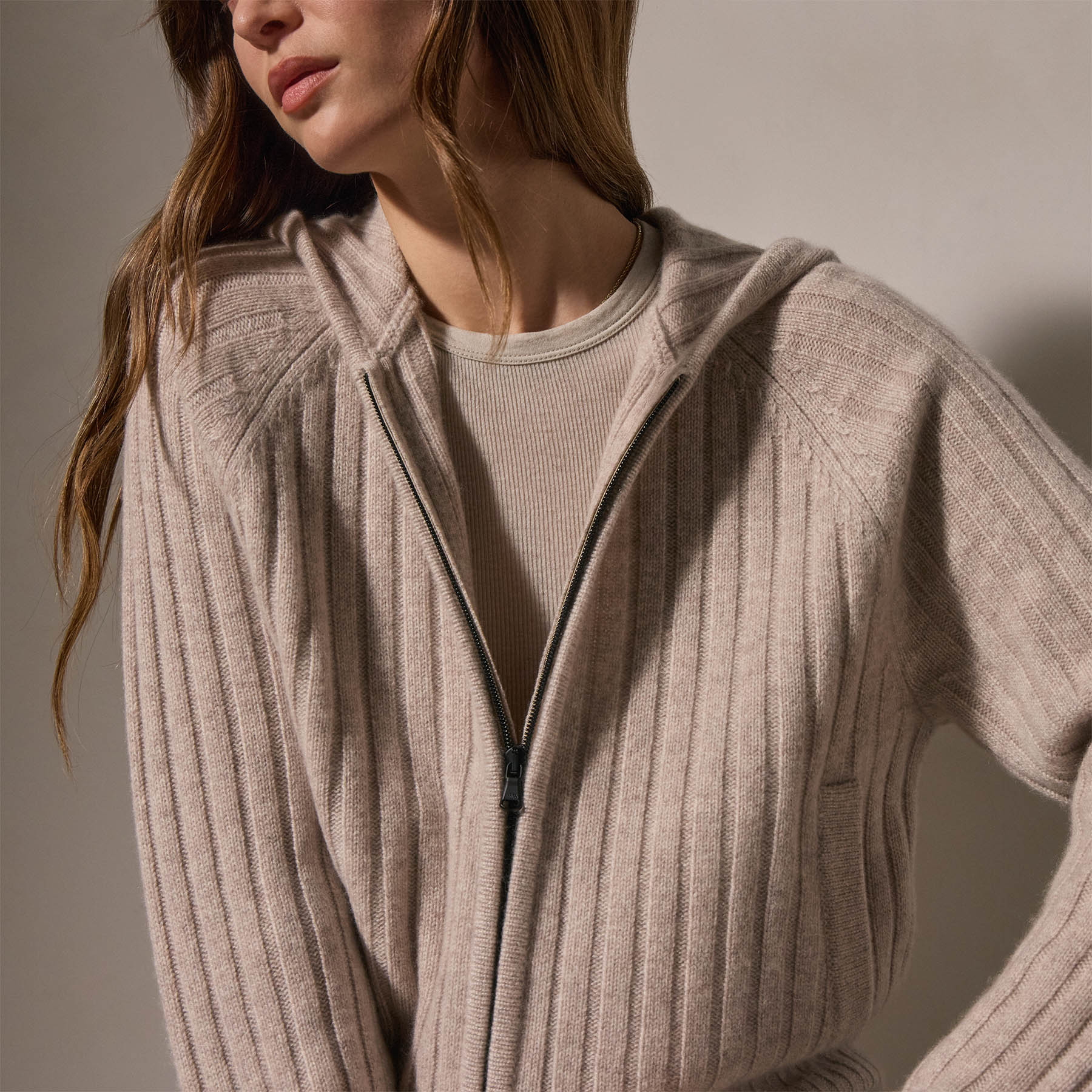 Soft Beige Cashmere Wide Ribbed Hoodie - Cozy & Stylish Women's Sweatshirt for Fall & Winter Layering