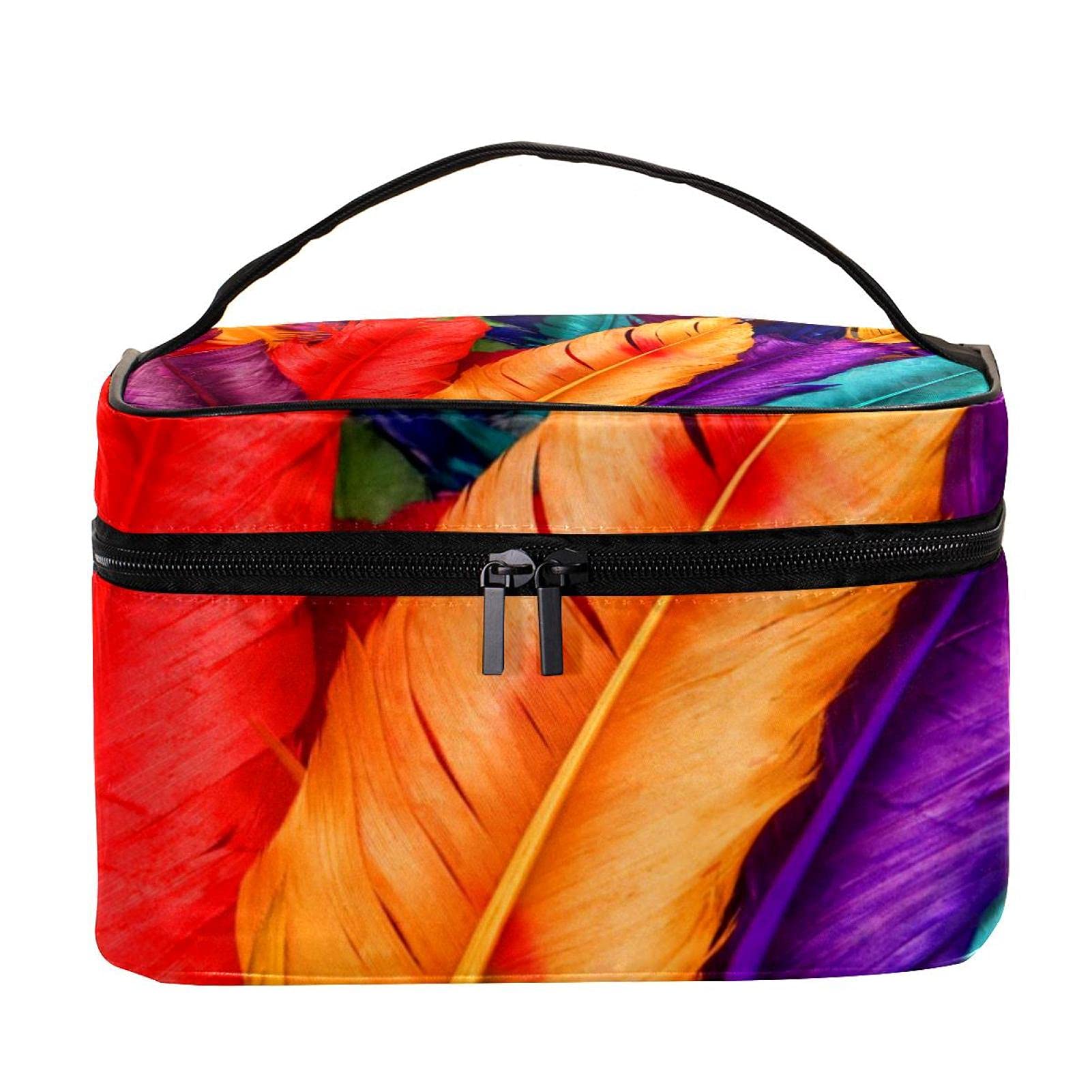 Vibrant Feather Print Travel Makeup Bag - Large Cosmetic Organizer with Zipper for Women & Girls | Perfect for Vacation, Gym, Work & Daily Essentials Storage