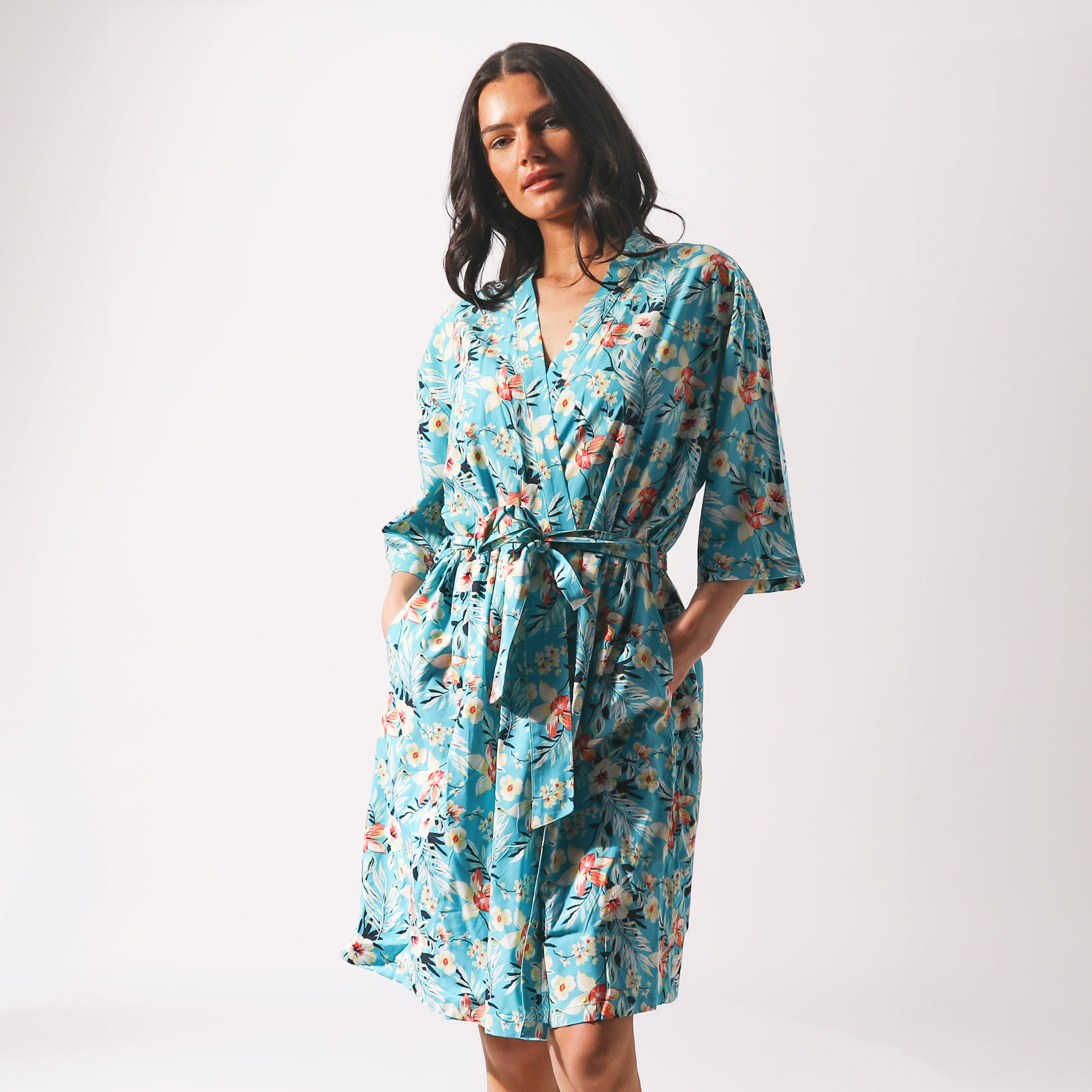Women's Twilight Floral Woven Robe - Soft Blue Cotton Kimono Style Bathrobe for Spa, Lounge & Home Relaxation