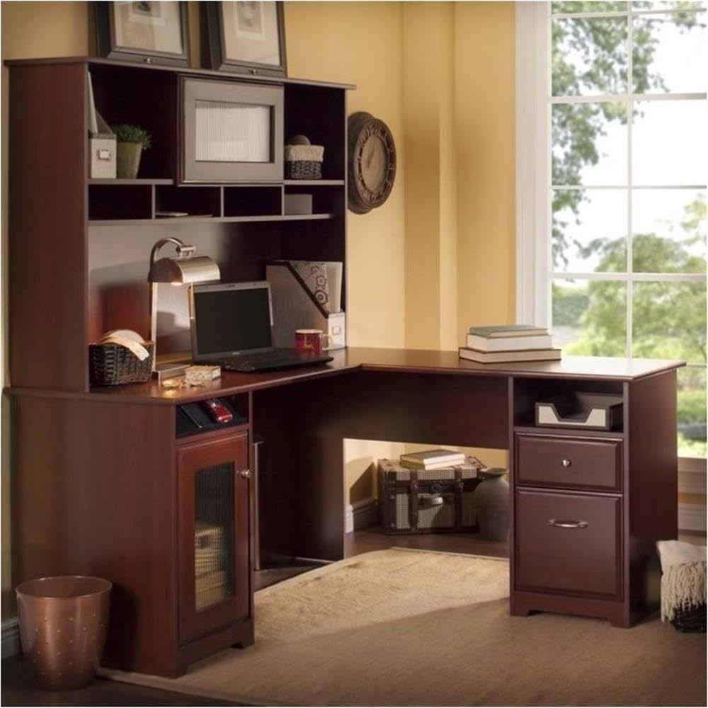 Pemberly Row Transitional Engineered Wood L-Shaped Computer Desk with Hutch in Cherry Finish - Home Office Workstation for Small Spaces & Modern Workspaces