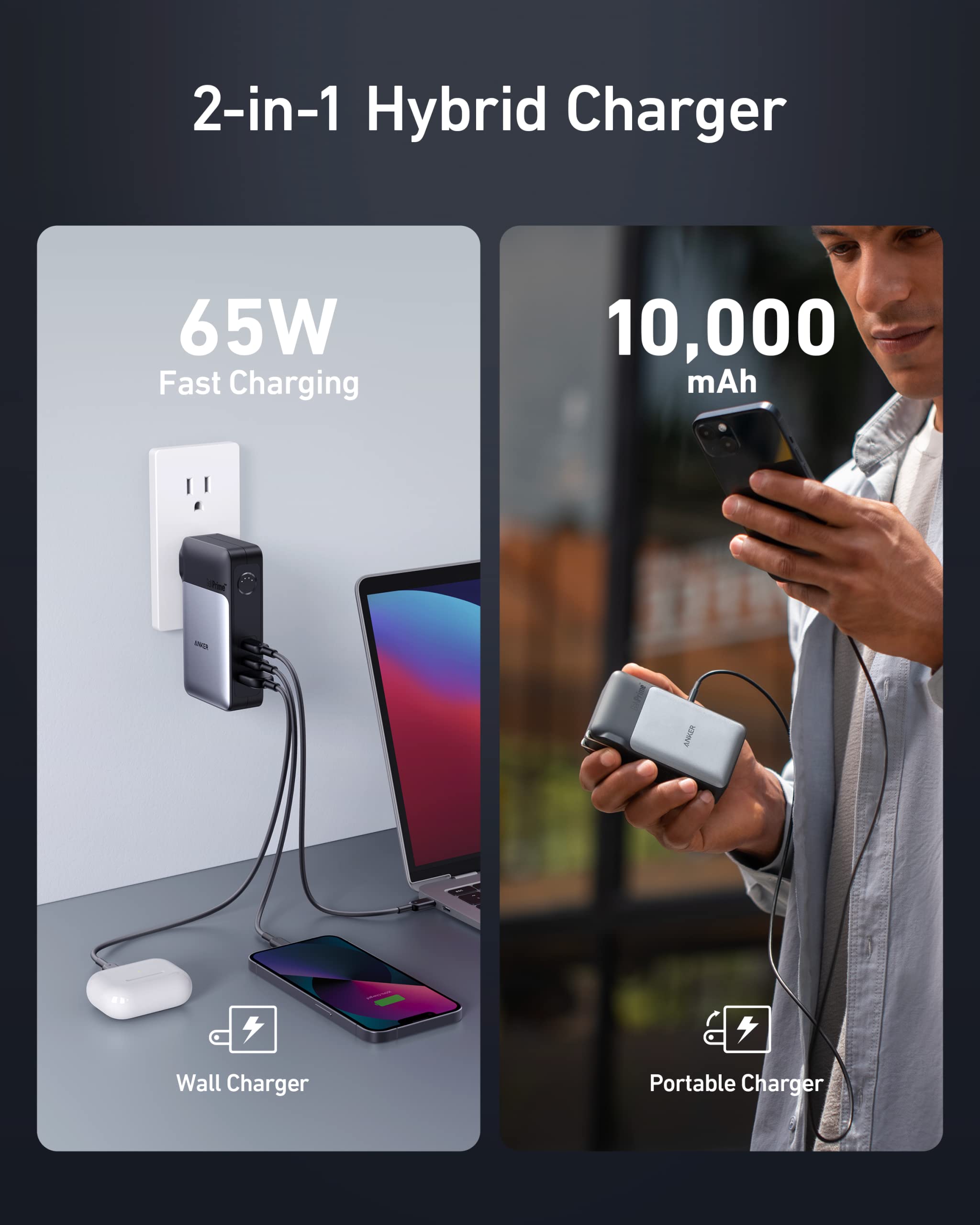 Anker GaNPrime Power Bank & 65W Wall Charger 2-in-1, 10,000mAh 30W USB-C Portable Battery Pack - Fast Charging for iPhone 15 Series, Samsung Galaxy, Google Pixel, MacBook Air/Pro, Dell XPS - Perfect for Travel, Work & Outdoor Adventures