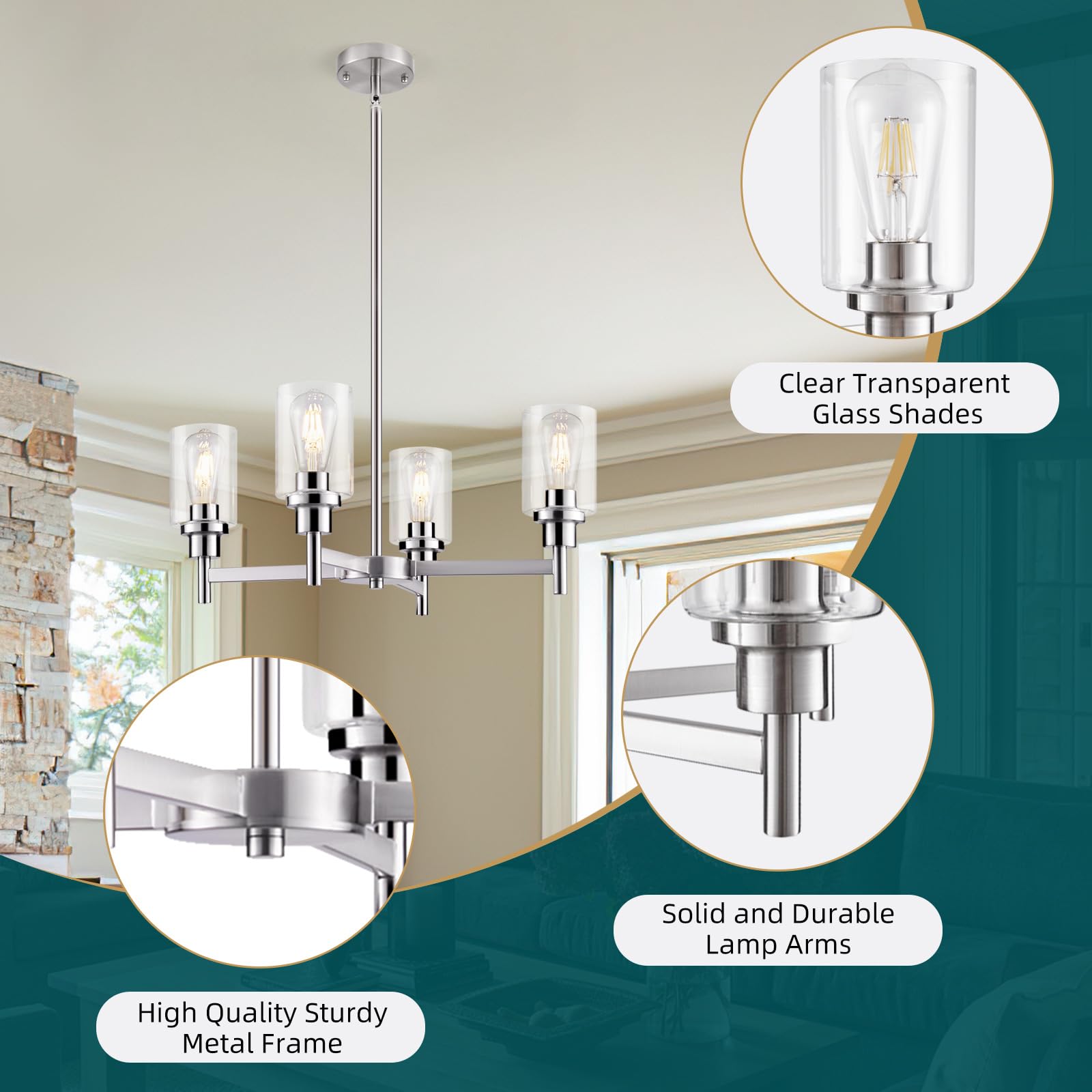 4-Light Brushed Nickel Chandelier - Modern Farmhouse Pendant Lighting Fixture with Glass Shade for Dining Room, Kitchen Island, Foyer & Hallway | Elegant Ceiling Hanging Light for Home Decor & Interior Design