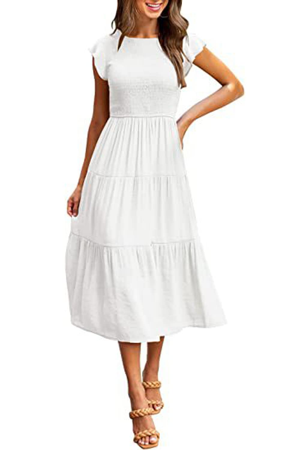 Women's Summer Casual Midi Dress - A-Line Short Sleeve High Waist Boho Tiered Maxi Dress for Beach, Wedding & Vacation | Flowy Formal Dress for Women