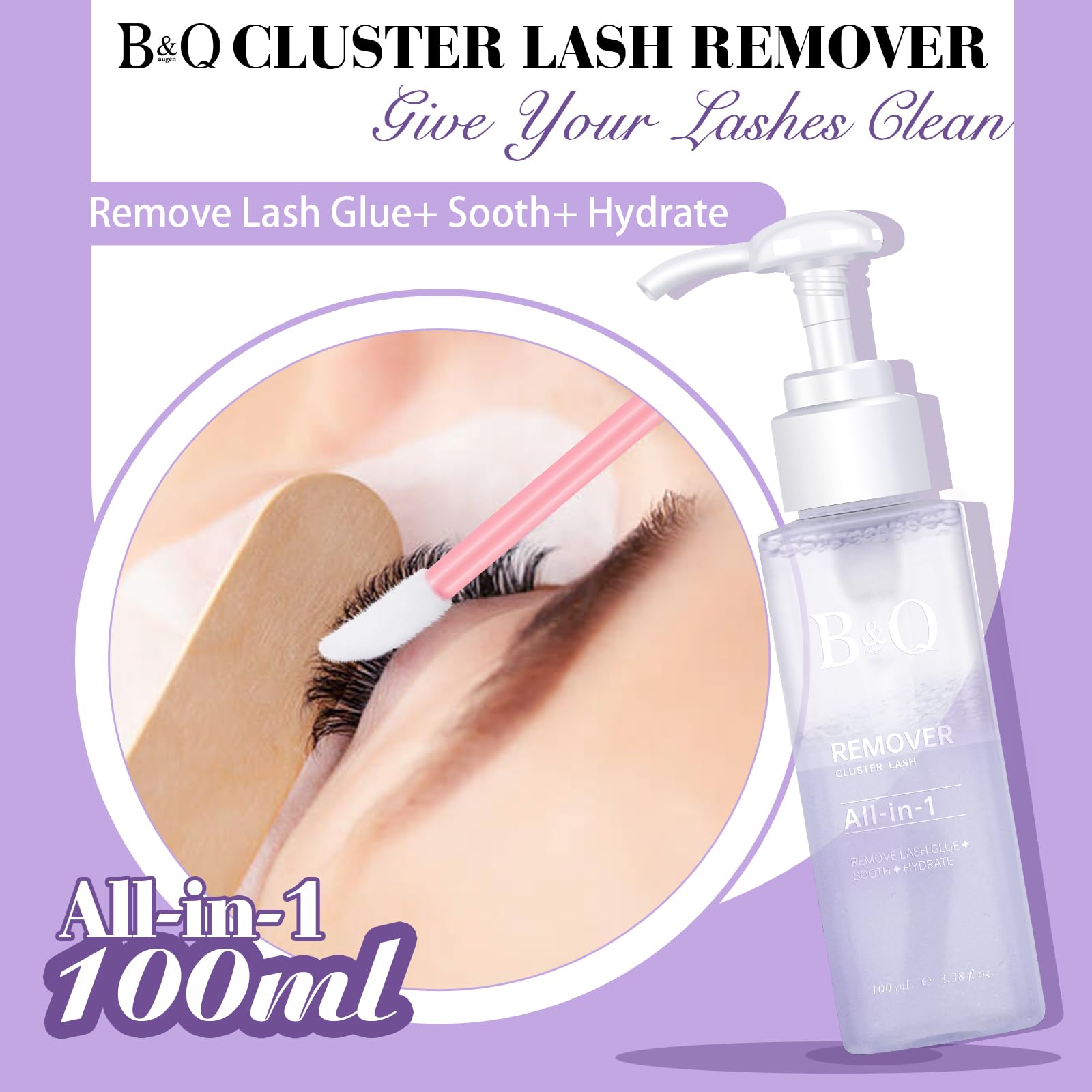 Professional B&Qaugen Cluster Lash Remover & Adhesive Solvent - 100ml Gentle DIY Eyelash Extension Glue Remover for Home Use | Safe for Sensitive Eyes, Perfect for Lash Artists & DIY Beauty Enthusiasts | Use for Salon, Spa or At-Home Lash Maintenance