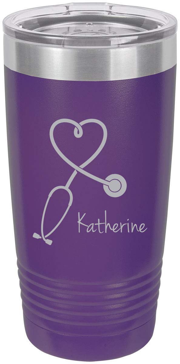 Personalized Stethoscope Nurse Insulated Tumbler - 20oz Custom Text Travel Coffee Mug (Purple) | Great for Medical Professionals, Students & Healthcare Workers - Perfect Gift for Nurses, Doctors & Medical Graduates
