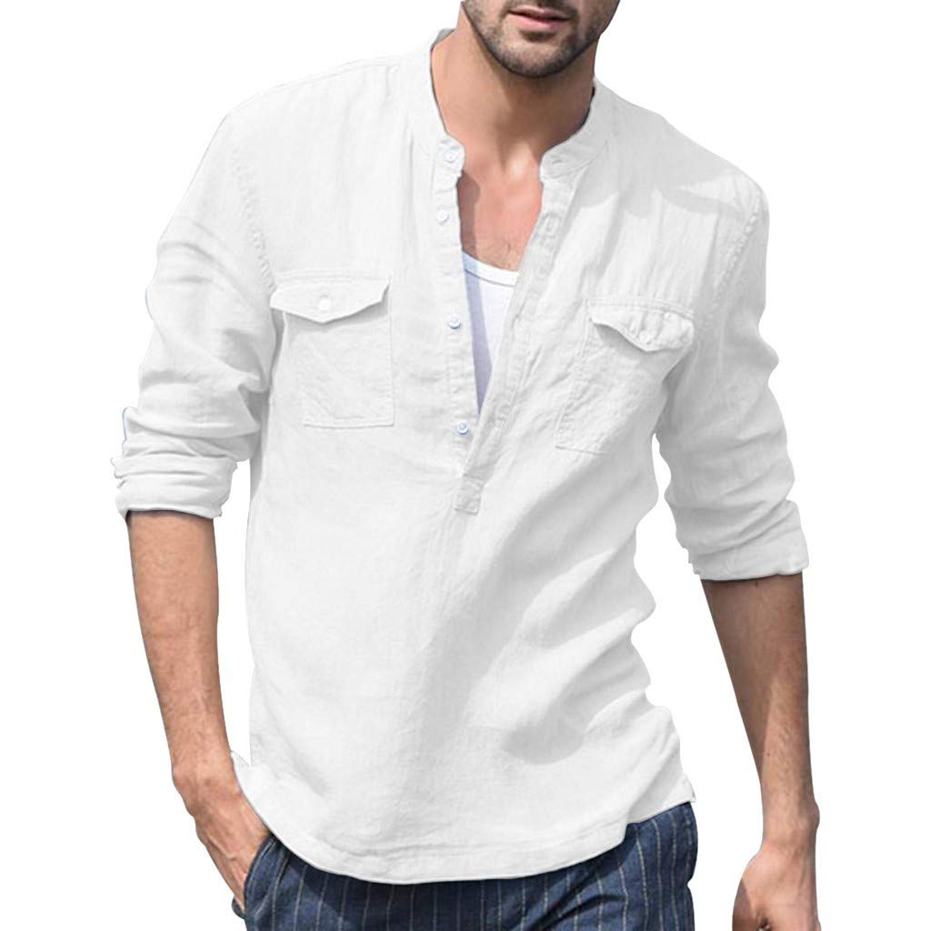 PAXOSTRO Men's Baggy Cotton Linen Pocket Long Sleeve Retro T-Shirt - Casual Vintage Loose Fit Shirt for Men - Perfect for Streetwear, Layering & Everyday Wear - Large White