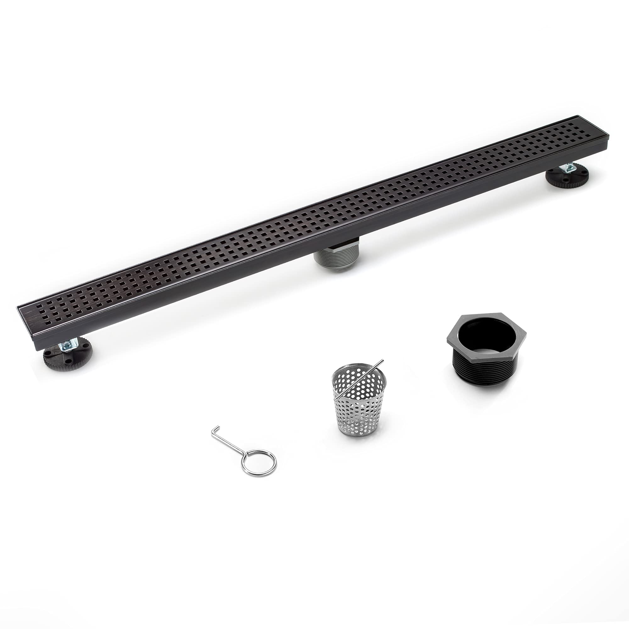 HEATGENE 24-Inch Linear Shower Drain - Stainless Steel Rectangle Shower Floor Drain with Removable Quadrato Pattern Grate & Hair Strainer - Venetian Bronze Finish - Perfect for Modern Bathroom & Wet Room Drainage Systems