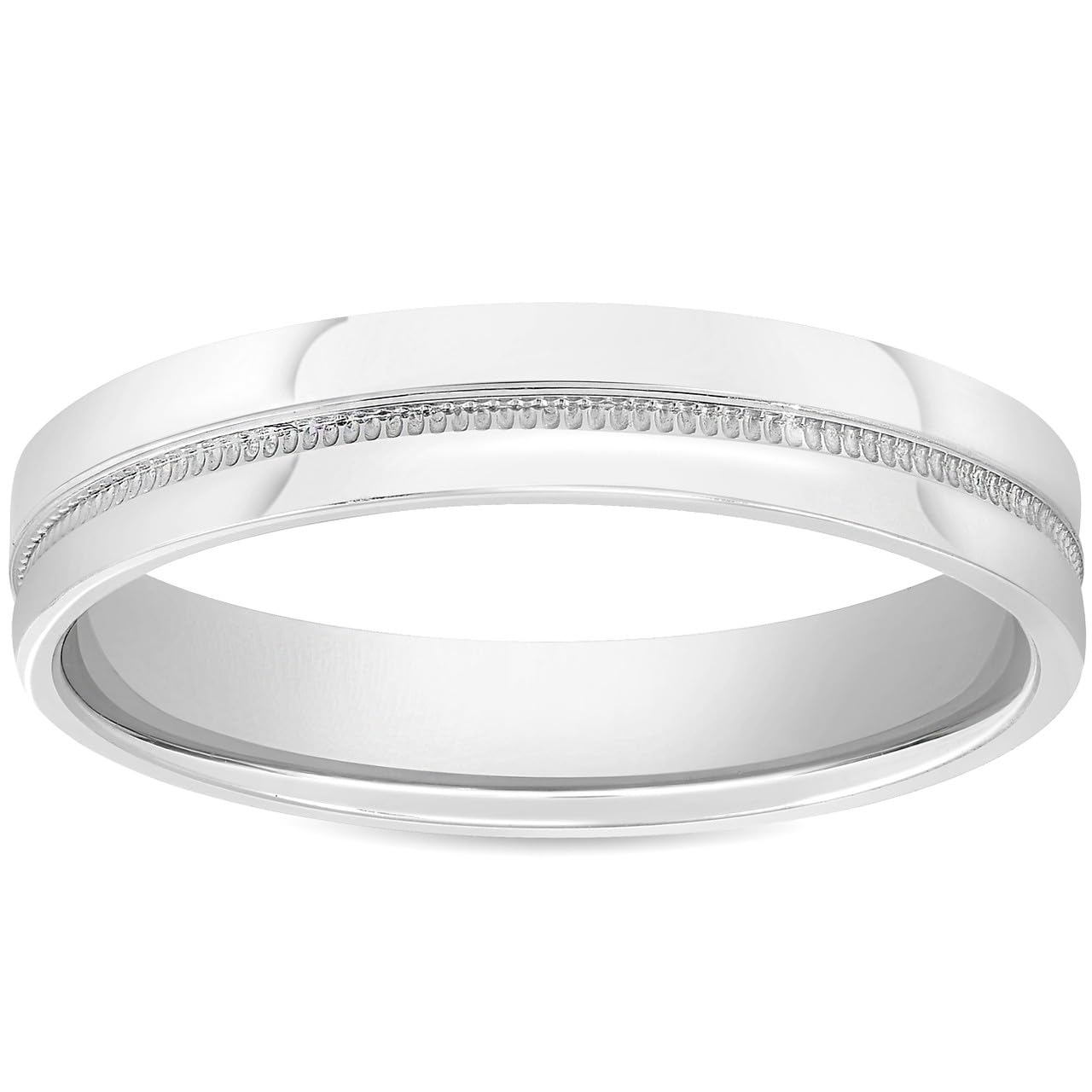 10K White Gold 4mm Flat Band Wedding Ring for Men - High Polished with Milgrain Accent - Perfect for Engagement, Anniversary & Everyday Wear