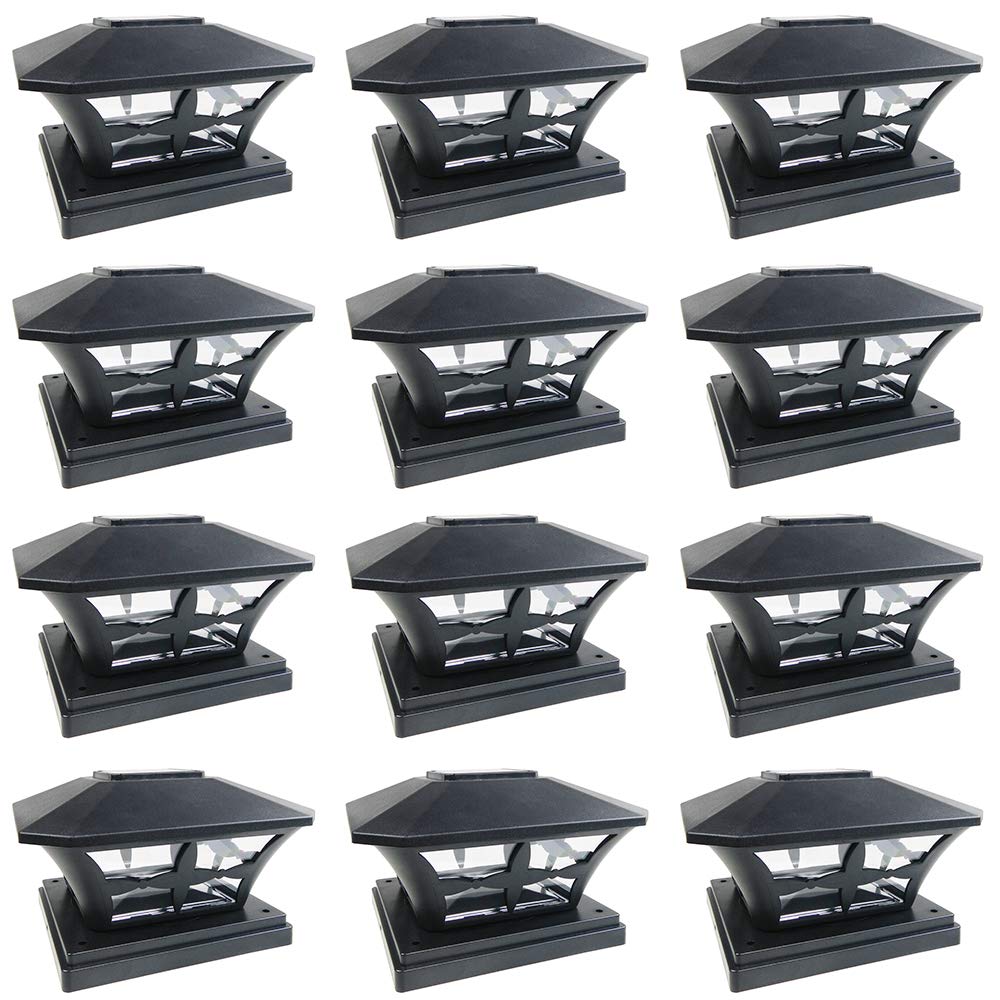 iGlow 12 Pack Black Solar LED Fence Lights - 6x6 Inch Waterproof Outdoor Garden Lighting for Deck, Pathway, Yard & Landscape - Energy Efficient SMD LED Post Cap Lights (PVC Vinyl Wood Design)