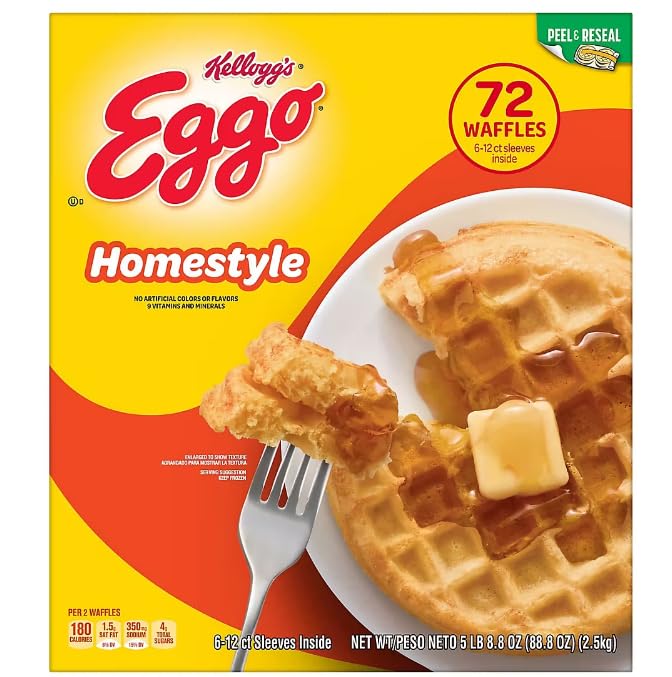 Eggo Homestyle Waffles Family Pack - 72 Count (5.5 lb) Frozen Breakfast Toaster Waffles - Perfect for Quick Breakfasts, School Lunches & Family Gatherings