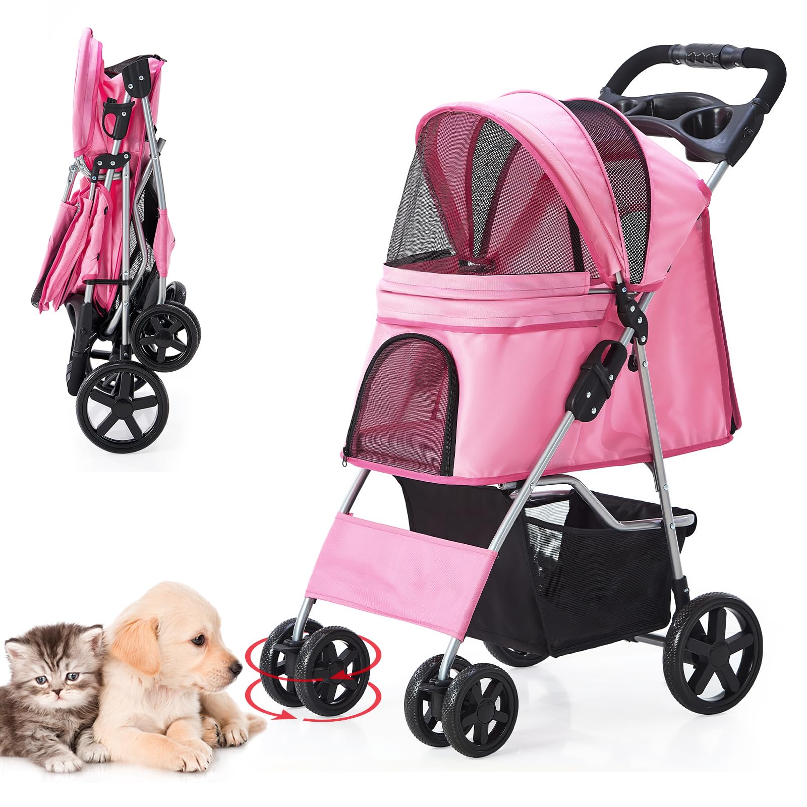 Foldable Lightweight Pet Stroller for Small & Medium Dogs & Cats - 4-Wheel Pink Dog Carrier with Storage Basket | Perfect for Park Walks, Vet Visits & Shopping Trips