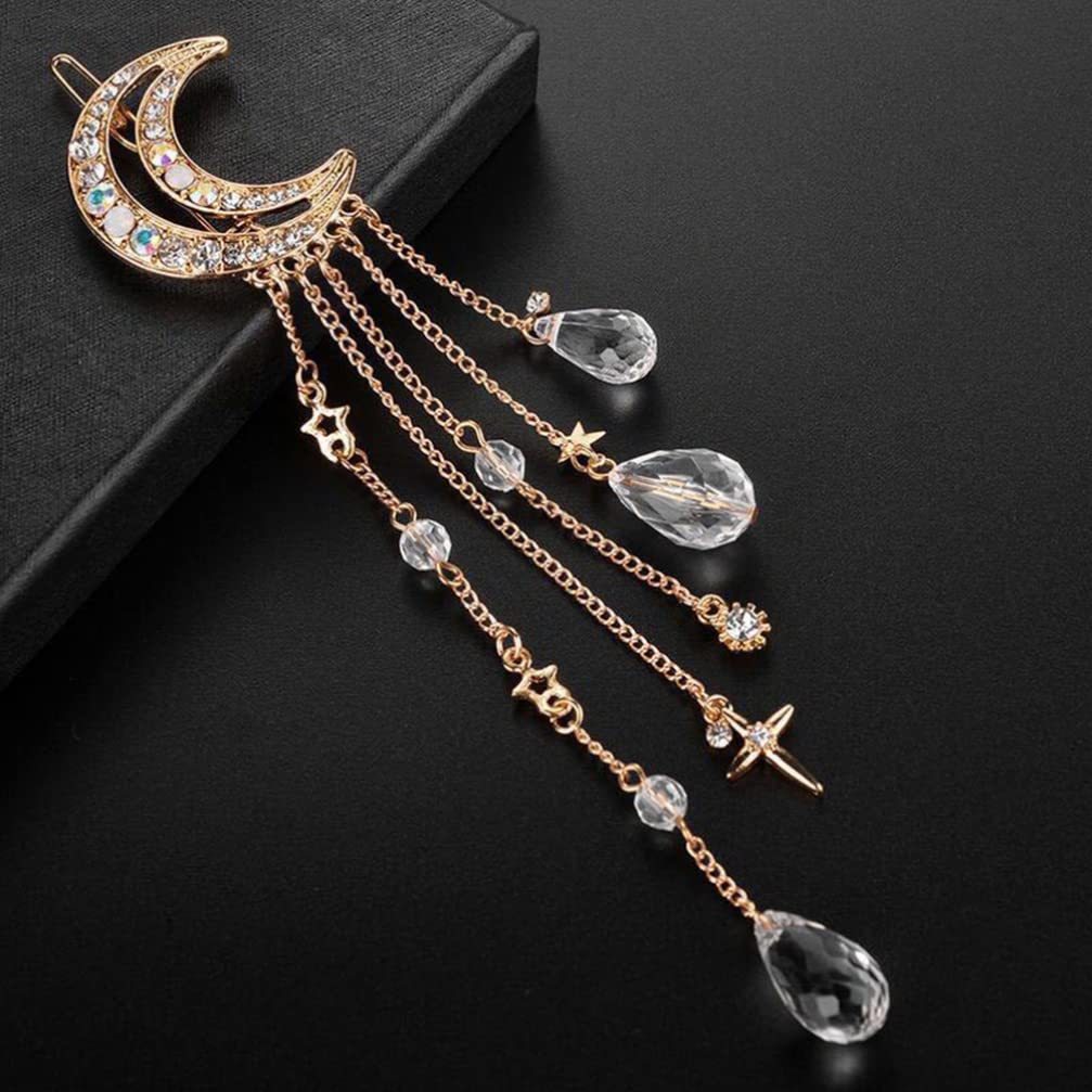 Moon Tassel Hair Clips 2pcs - Rhinestone Crystal Bobby Pins with Dangling Charms, Elegant Bridal Hair Accessories for Women, Wedding, Prom & Special Occasions