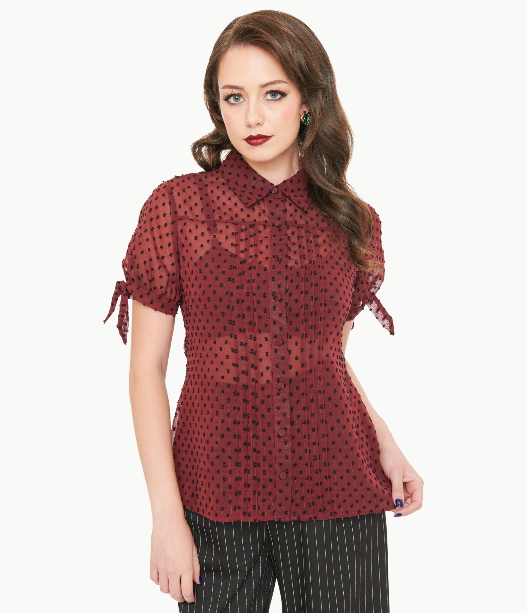 Vintage 1950s Burgundy & Black Polka Dot Tie Cuff Blouse - Retro 50s Style Women's Button Up Shirt for Office, Party & Special Occasions