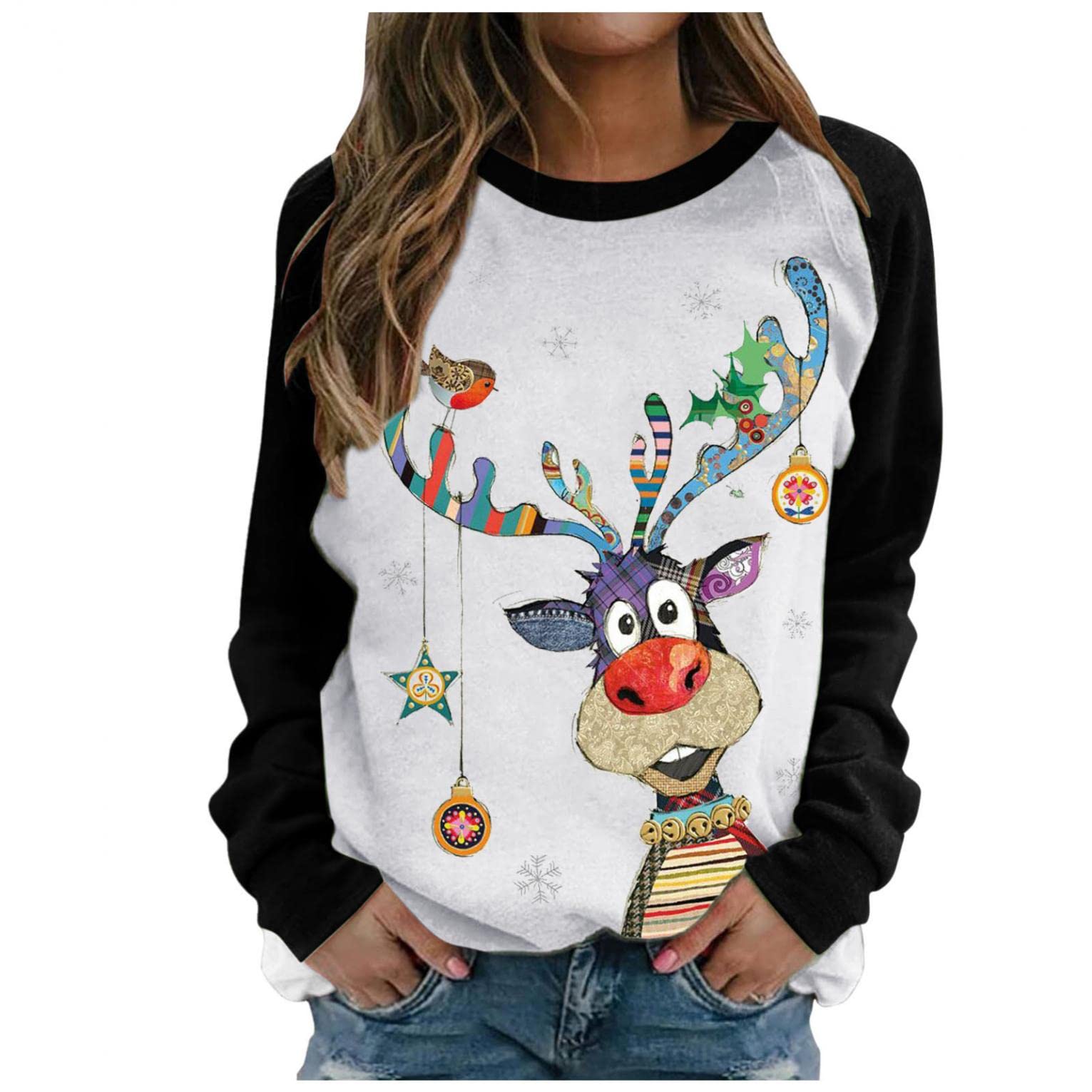 Women's Christmas Sweatshirt - Cute Elk Print Long Sleeve Pullover Crewneck Top | Casual Holiday Wear for Parties, Gifts & Winter Outfits