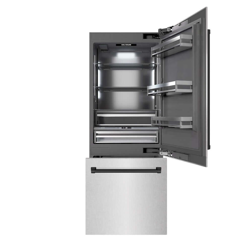 ZLINE Autograph Edition 30-Inch Built-In Bottom Freezer Refrigerator - 16.1 cu.ft Capacity with Water Dispenser & Ice Maker - Satin Stainless Steel Exterior, Graphite Gray Interior & Matte Black Accents (GRBIVZ SN 30 MB) - Perfect for Modern Kitchens & Open-Concept Homes