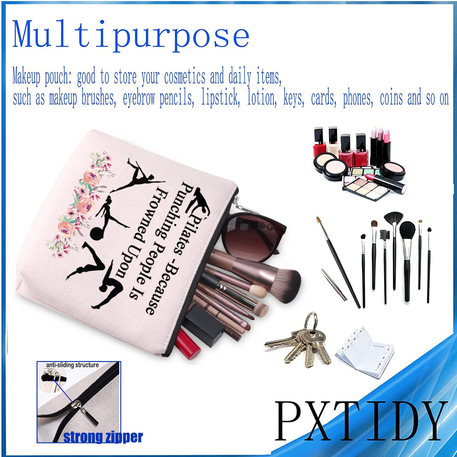 PXTIDY Pilates Cosmetic Bag for Yoga & Fitness | Waterproof Toiletry Organizer | Perfect Gift for Yoga Instructors, Coaches & Gym Lovers (Beige) | Great for Yoga Classes, Travel & Gym Essentials Storage