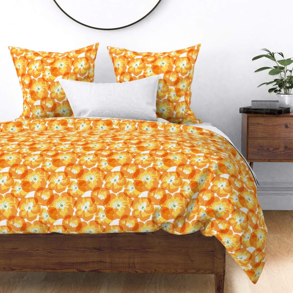 Premium Cotton Sateen Duvet Cover Full/Queen - Vibrant Orange Poppy Floral with Green Leaves Print | Custom Bedding Set for Spring & Summer Decor | Perfect for Master Bedroom, Guest Room & Bohemian Home Decor