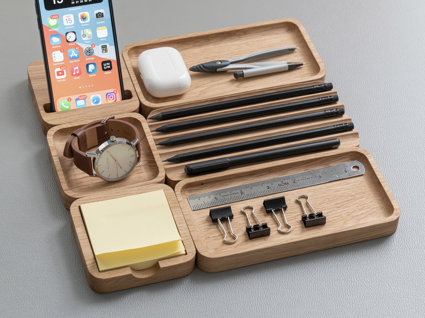 Oak Wood Sticky Notes Tray - Natural Desktop Organizer for Office & School | Perfect for Memo Pads, Pens & Small Stationery Items