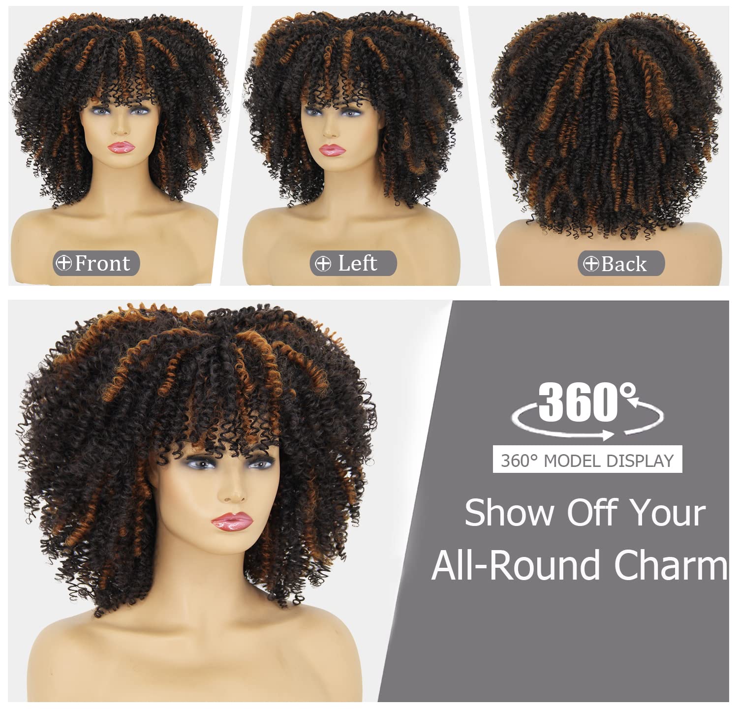 KEAT Short Curly Afro Kinky Wigs for Black Women - Natural Looking Heat Resistant Synthetic Wig in Black/Brown Mix with Fluffy Bangs | Perfect for Daily Wear, Cosplay & Party Hairstyles