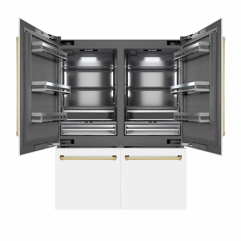 ZLINE Autograph Edition 60-Inch French Door Built-In Bottom Freezer Refrigerator - 32.2 cu.ft Capacity, Water Dispenser & Ice Maker - White Matte Finish with Graphite Gray Interior & Polished Gold Accents (GRBIVZ WM 60 G) - Perfect for Modern Kitchens & Luxury Homes