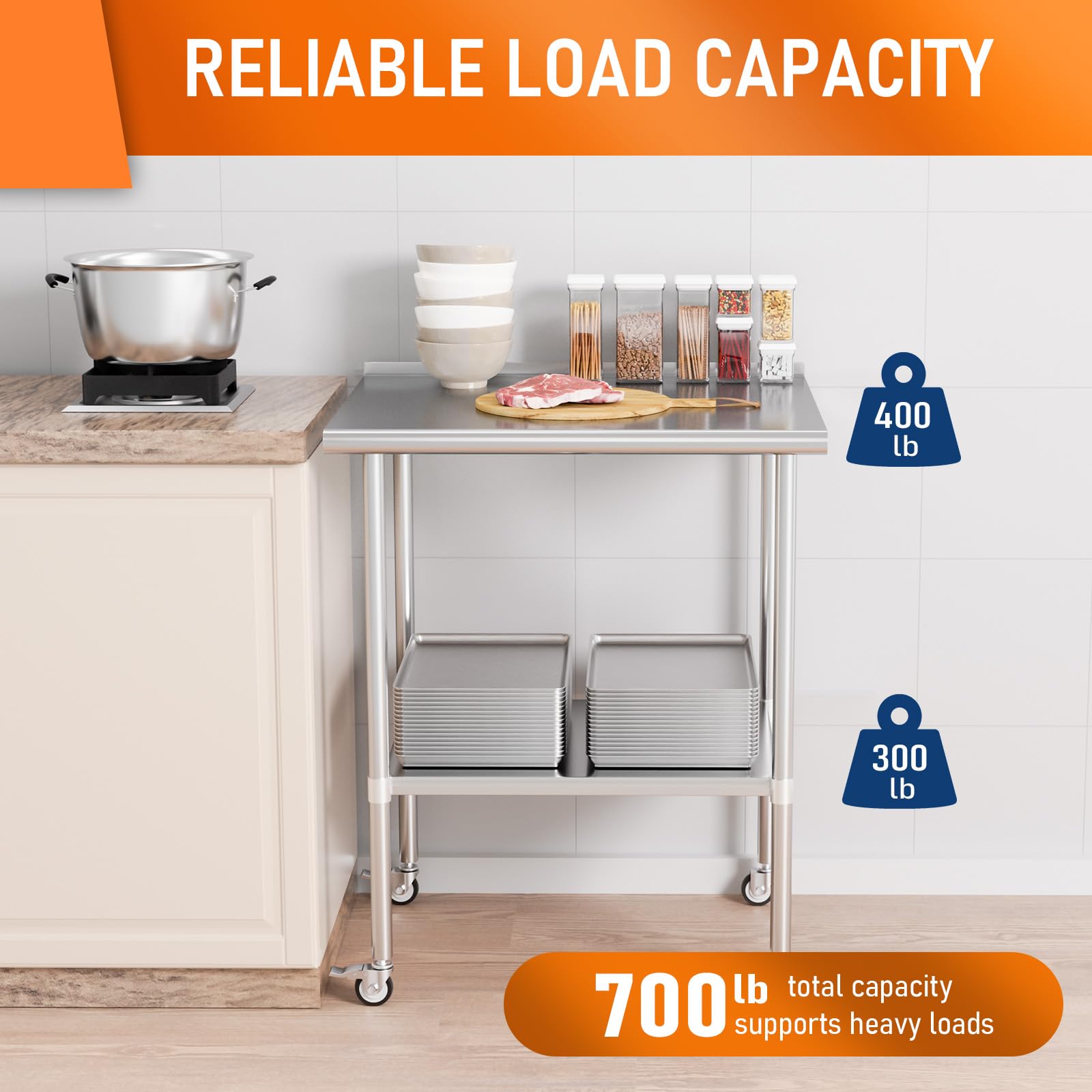 Stainless Steel Prep & Work Table with Adjustable Shelf & Wheels - 24