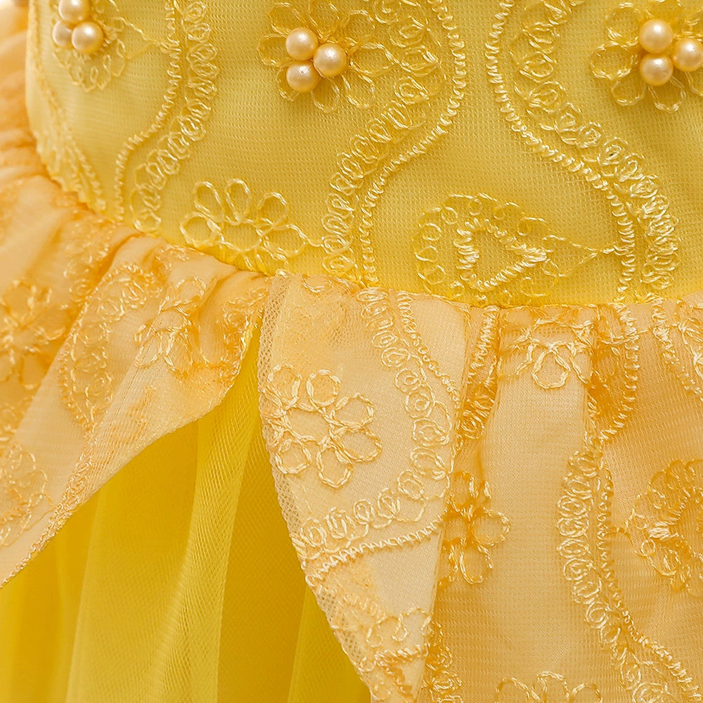 Yellow Princess Square Neck Floor Length Lace Flower Girl Dress for Weddings, Baptisms & Special Occasions