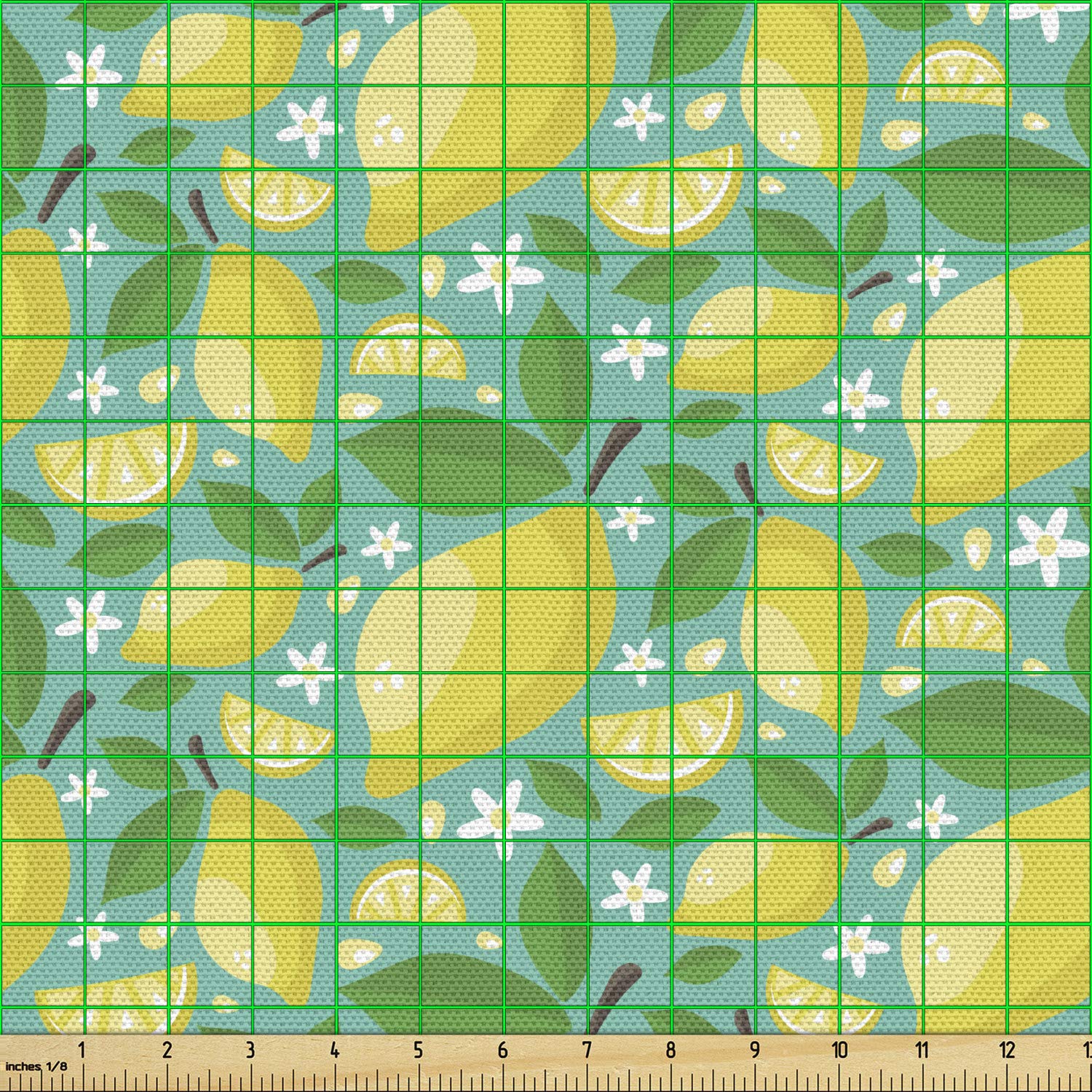 Ambesonne Floral Fabric by The Yard - Cartoon Style Lemon Leaves & Blooming Flowers Summer Garden Print - 10 Yards Seafoam Green & Yellow Upholstery Fabric for Sofa, Curtains, Pillows & Home Decor | Perfect for DIY Projects, Nursery Decor & Coastal Themed Rooms