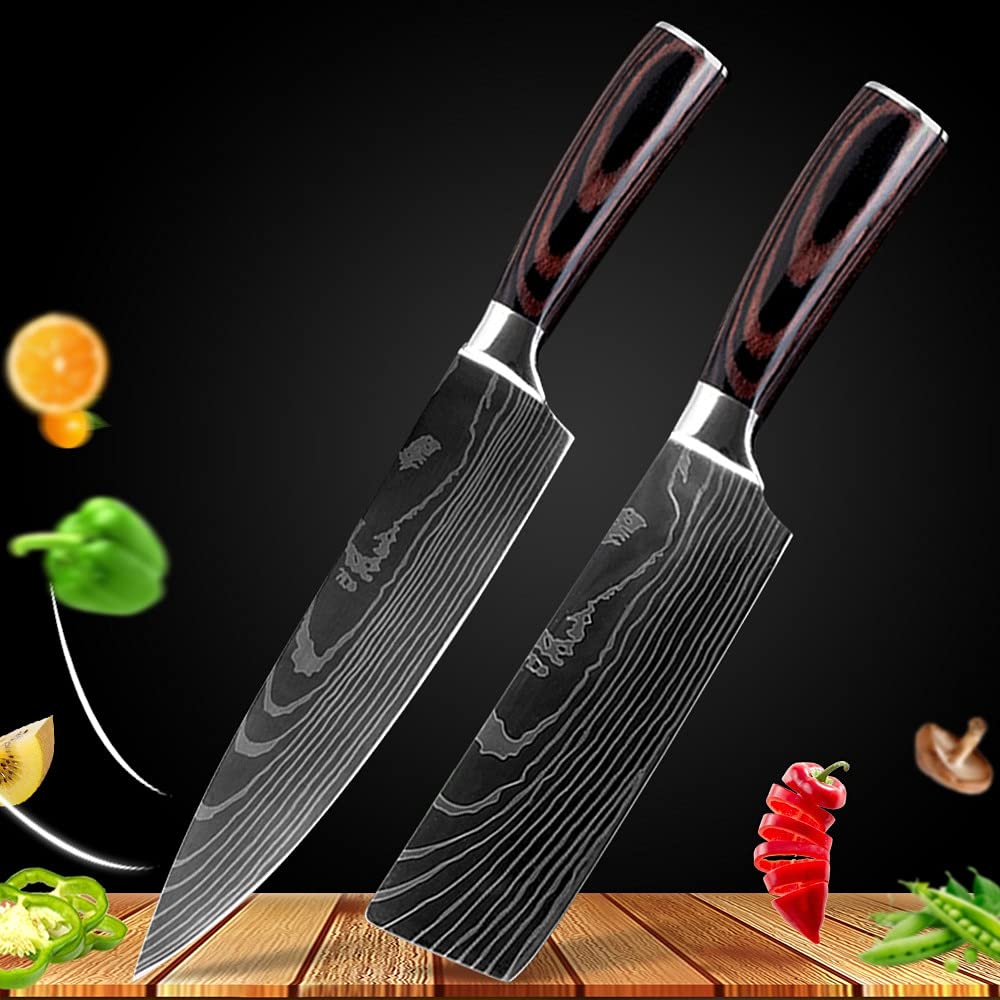 Premium Damascus Steel Japanese Chef Knife Set - 2-Piece Santoku & Utility Knife Set for Professional Cooking, Meat Slicing & Vegetable Chopping | High-Performance Kitchen Knives for Home Chefs & Culinary Enthusiasts