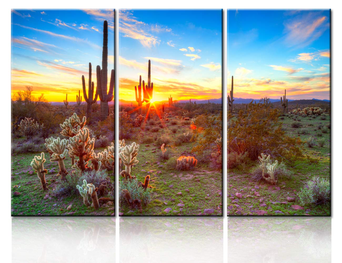TUMOVO Native American Wall Art - Sonoran Desert Landscape Painting Near Phoenix Arizona - 3 Panel Canvas Modern Artwork - Giclee Framed Ready to Hang (40''x60'') - Perfect for Living Room, Bedroom & Office Decor