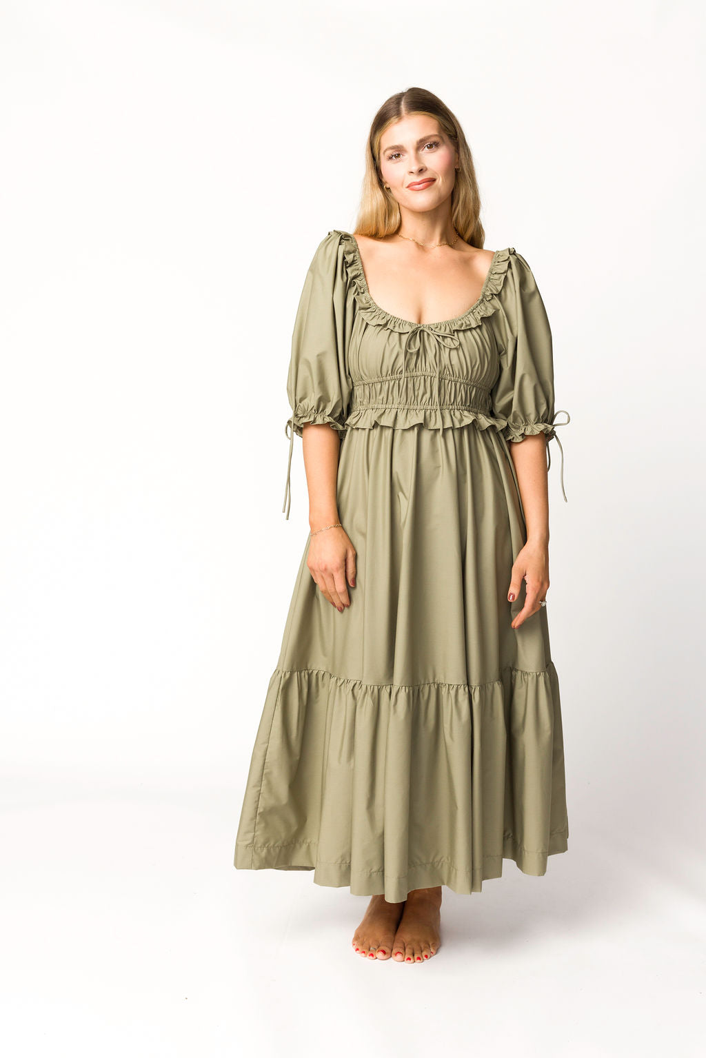 Crissy Ruched Midi Dress in Dusty Olive - Bump Friendly Maternity Dress for Women | Perfect for Baby Showers, Pregnancy Photos & Special Occasions