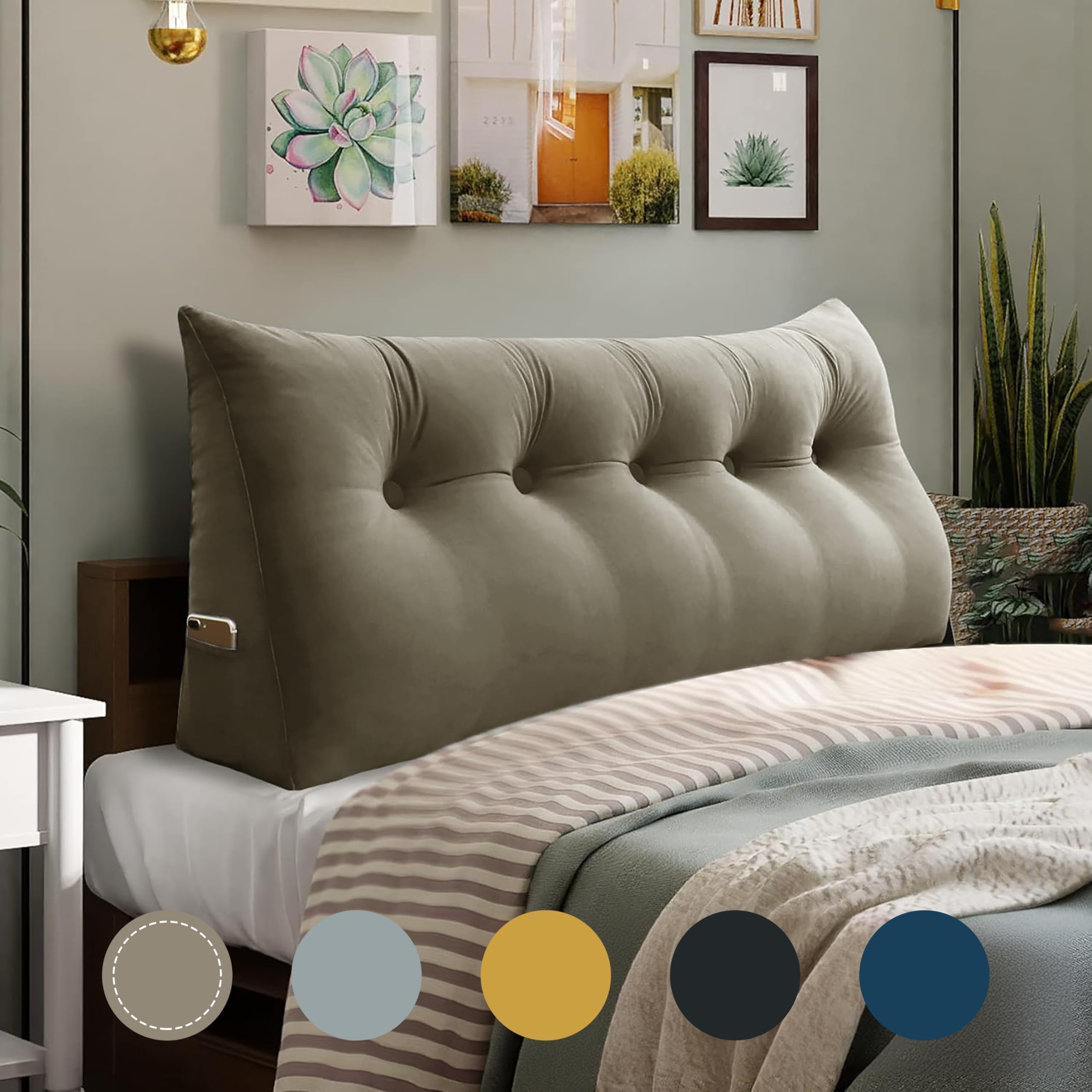 WOWMAX Wedge Pillow Headboard Queen - Triangular Headboard Pillow for Queen Bed, Velvet Bolster Pillow with Removable 100% Cotton Cover (Beige-Gray) - Perfect for Daybeds, Reading & Relaxing in Bed