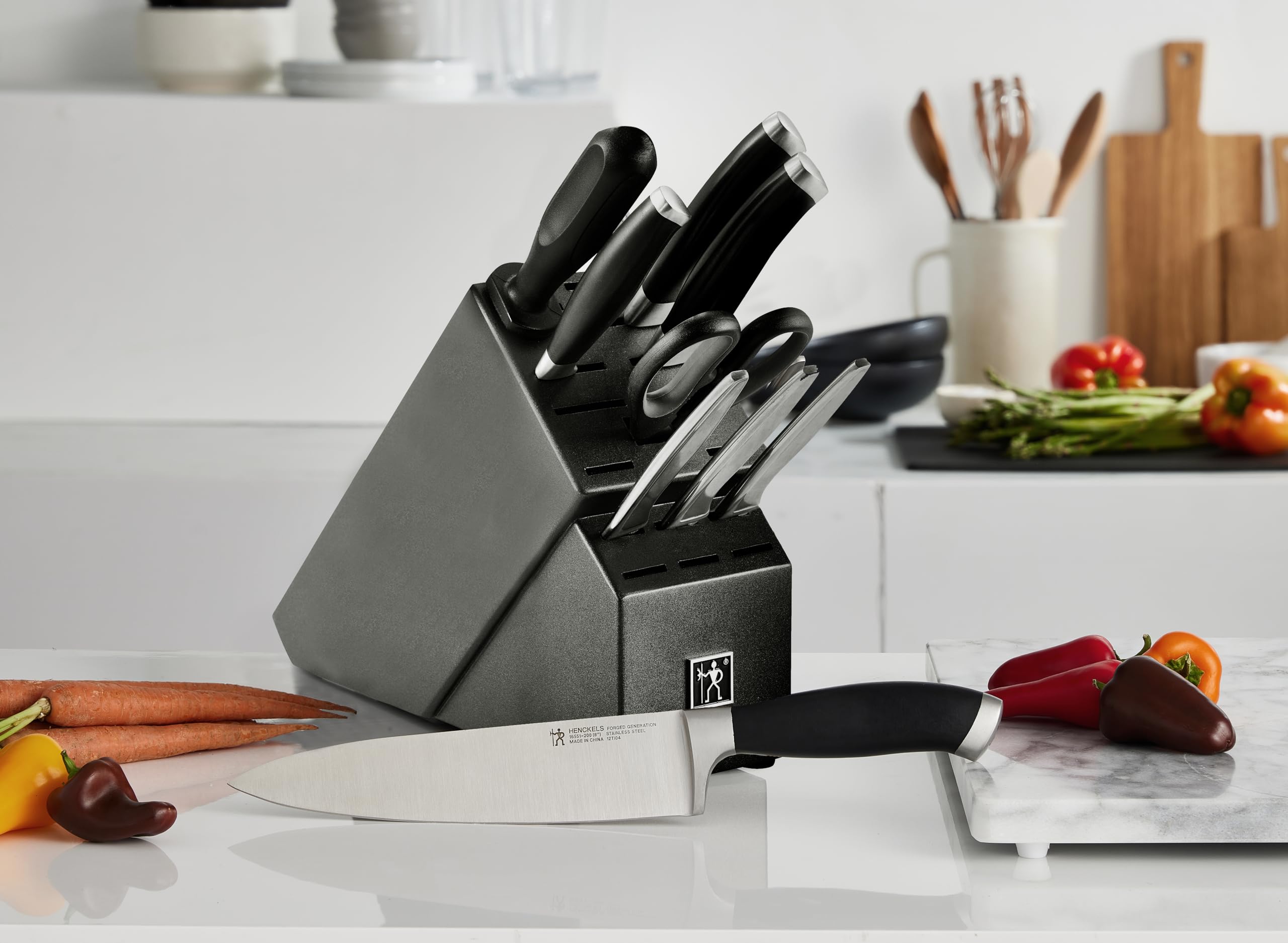HENCKELS German Forged Stainless Steel 10-Piece Knife Block Set - Ultra Sharp Professional Chef Knives with Wooden Block, Dishwasher Safe Kitchen Cutlery Set (Black) - Perfect for Home Cooking, Restaurant Use & Gift Giving