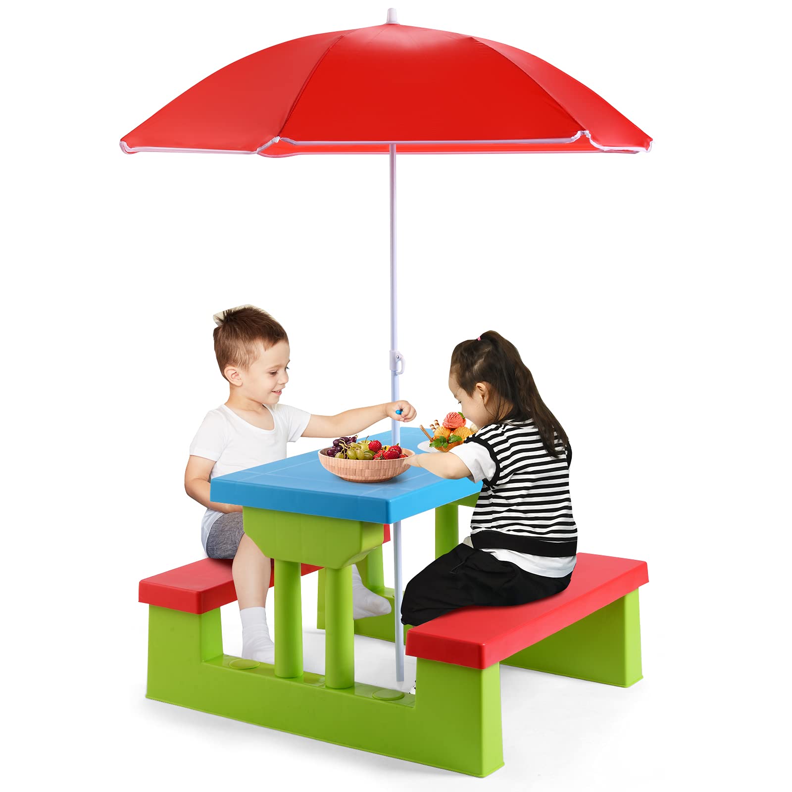 ARMILE Kids Picnic Table with Removable Umbrella - Foldable Indoor/Outdoor Plastic Table & Bench Set for Toddlers - Portable Play Table for Backyard, Patio, Park, Beach - Perfect Gift for Boys & Girls (Red)