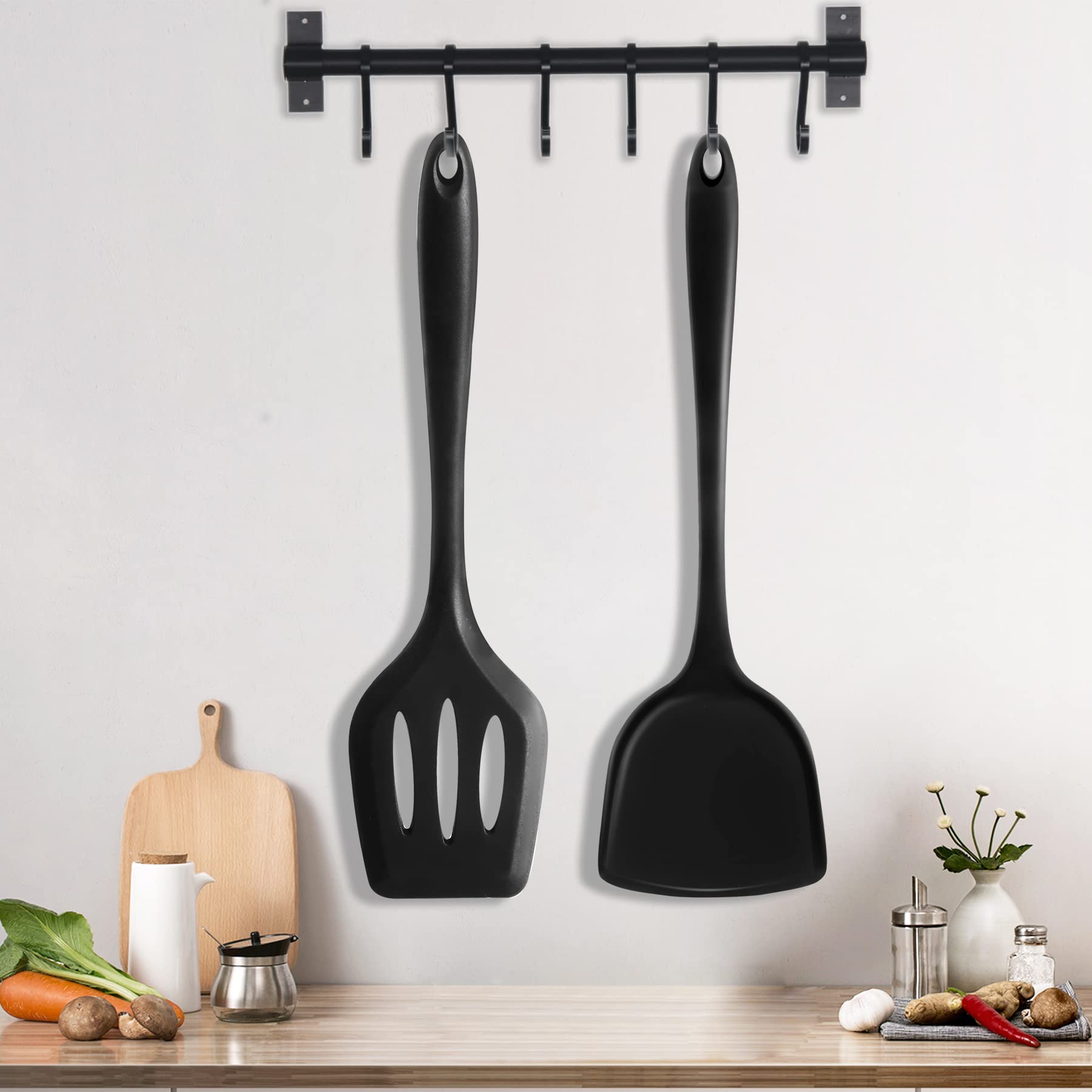 FUKTSYSM 2-Piece Silicone Spatula Set - Heat Resistant Non-Stick Kitchen Utensils with Slotted Turner, Flexible Black Cooking Spatulas for Flipping Pancakes, Eggs & Grilled Cheese (Dishwasher Safe) - Perfect for Nonstick Pans, Baking & Sauteing