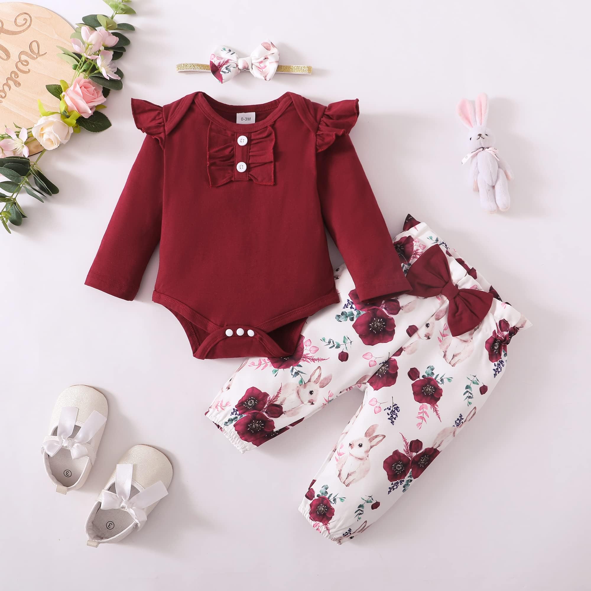 OLLUISNEO Newborn Baby Girl Clothes - Cute Floral Long Sleeve Romper & Pant Set for Infant Girls 0-24 Months | Soft Cotton Winter Outfit for Fall & Winter | Perfect for Family Photos, Holiday Gifts & Daily Wear